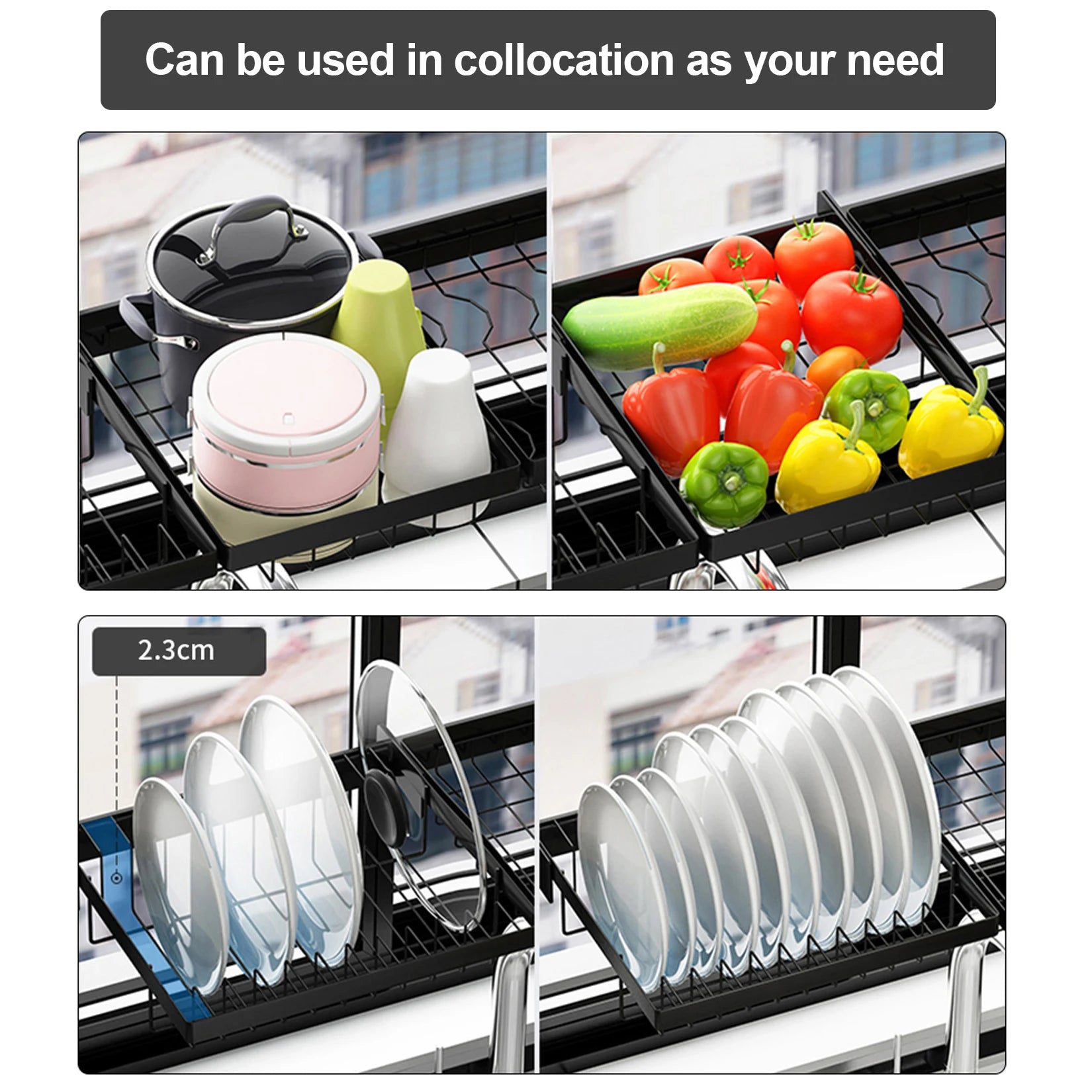 Adjustable Large Dish Drying Rack Metal Over the Sink Storage 2-Tier Kitchen Organizer with Utensils Holder, Chopstick Holder