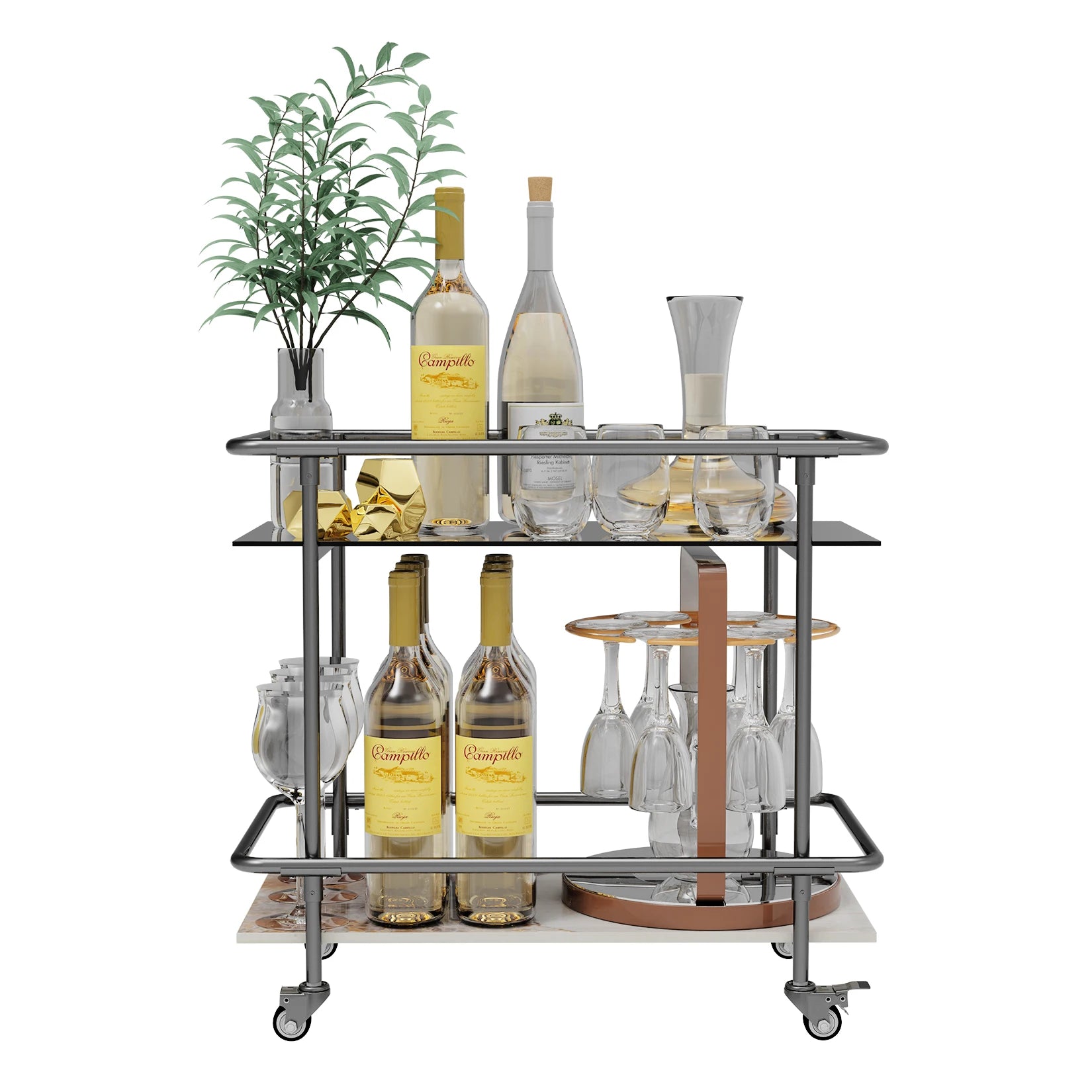 Rolling Bar Cart 2-Tier Luxury Modern Serving Cart on Lockable Wheels, Mobile Home Coffee Station Metal Frame Tempered Glass