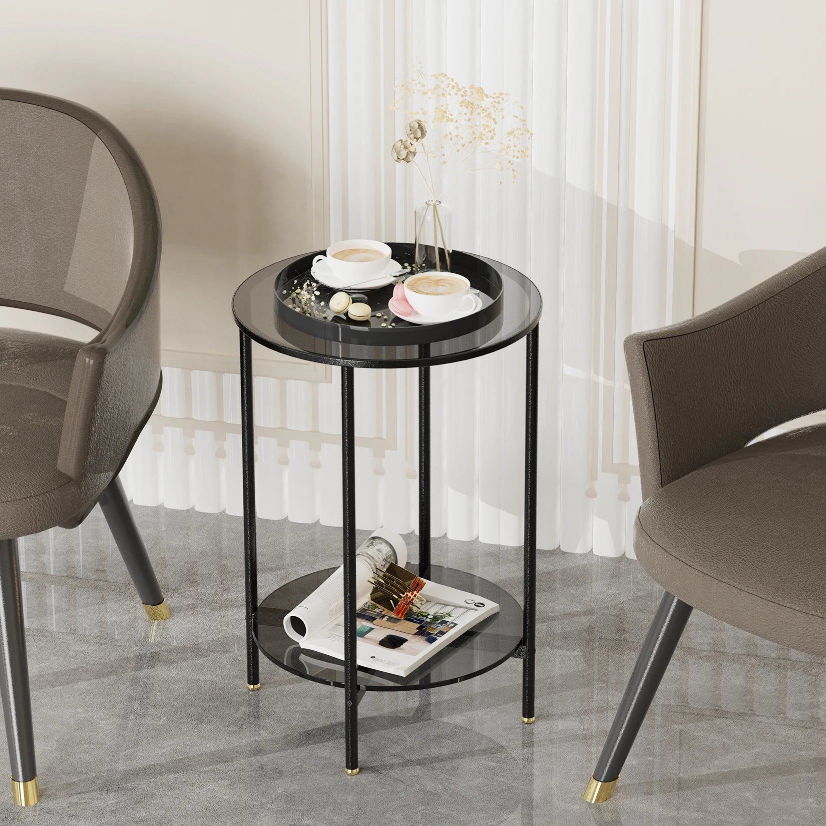 2-Tier Round Glass Coffee Table - Modern Sofa Side Table with Metal Frame for Living Room