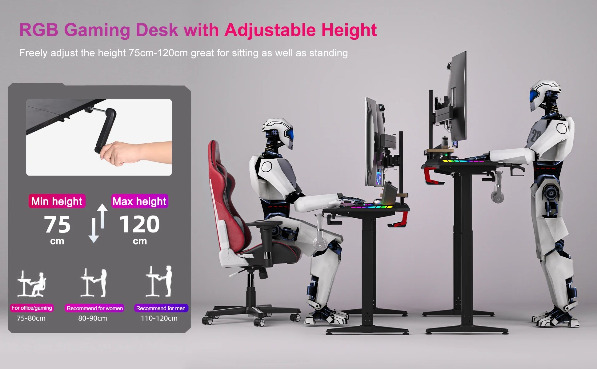 Height Adjustable Gaming Desk Standing Desk, Large Gaming Computer Desk with RGB LED Lights for Gaming and Home Office,Black