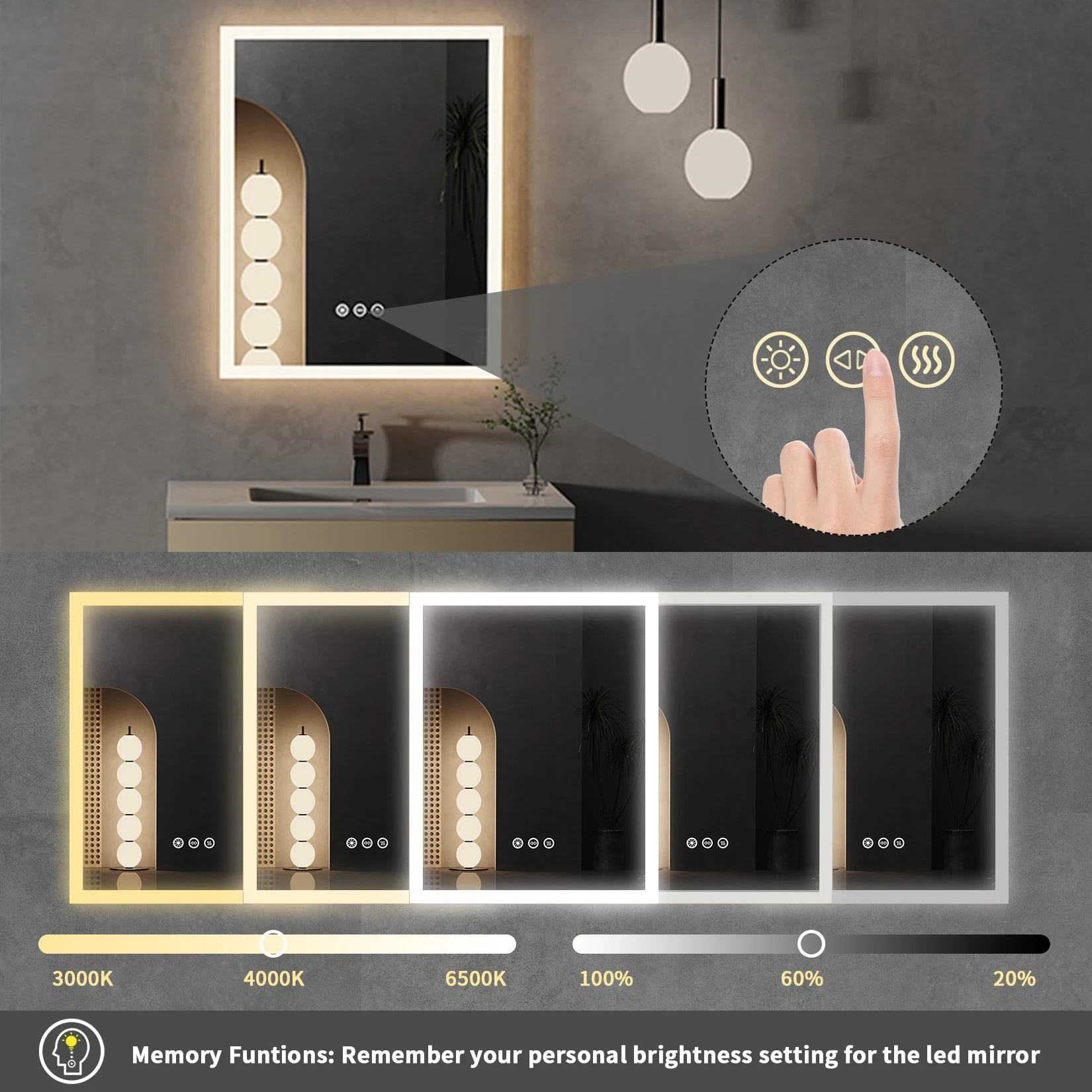 16x20 inch LED Bathroom Mirror with Anti-Fog & Smart Touch - Wall Mounted Vanity Mirror, Memory Function