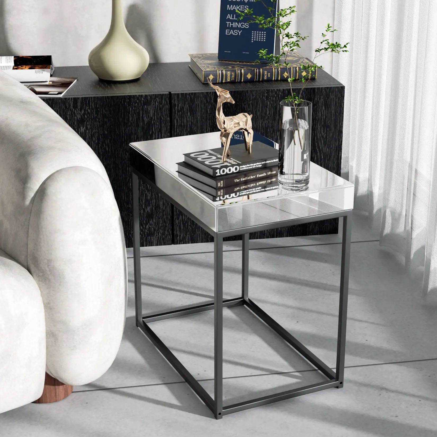 Mirrored End Table Silver Modern Bedside Accent Table with Metal Legs for Small Space,Living Room,Bedroom