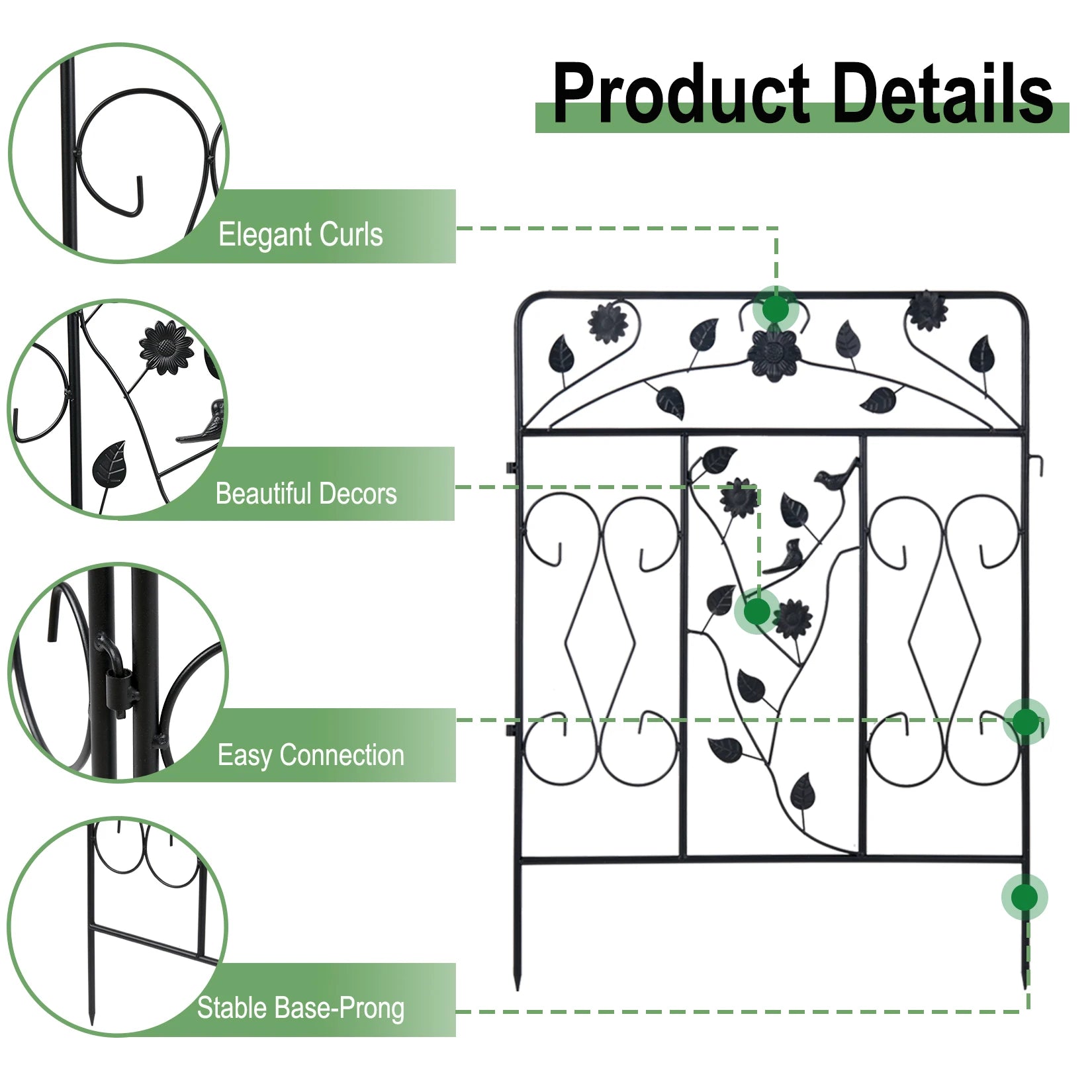 5 PACK Black Coated Steel Decorative Garden Fence Panel, 32x 24-inch Metal Border Folding Fence