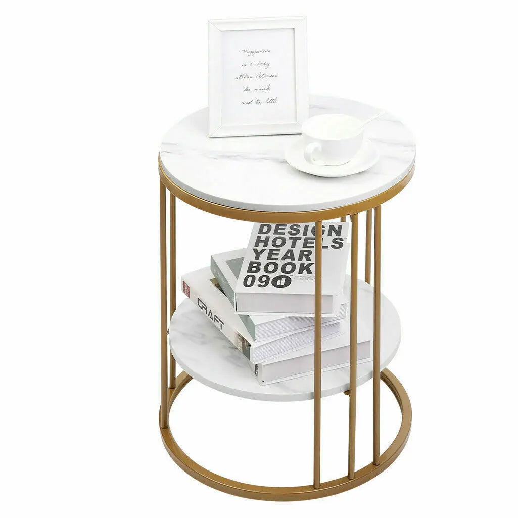 2-Tier Round White Marble Side Table - Coffee Table & Nightstand with Storage