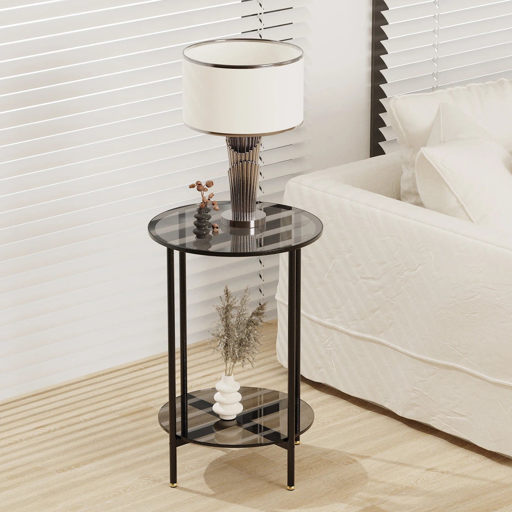 2-Tier Round Glass Coffee Table - Modern Sofa Side Table with Metal Frame for Living Room