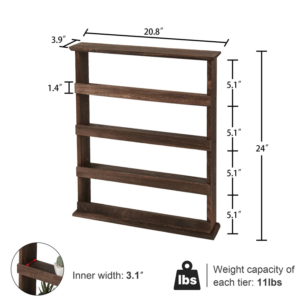 Wood Spice Rack Wall Mount, Wooden Spice Rack Holder, Seasoning Rack, Countertop or Wall Mount Tiered Door Spice Rack