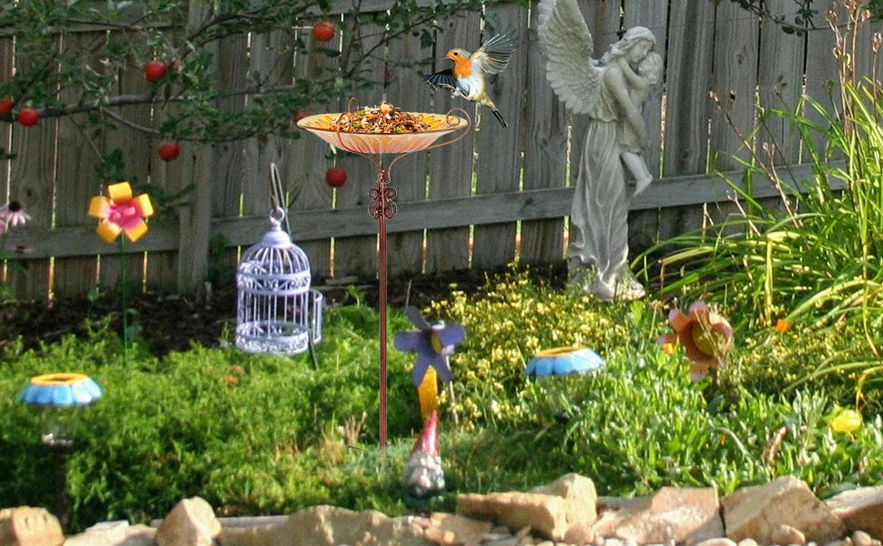 25 Inch Height Glass Birdbath Birdfeeder with Metal Stake Garden Outdoor