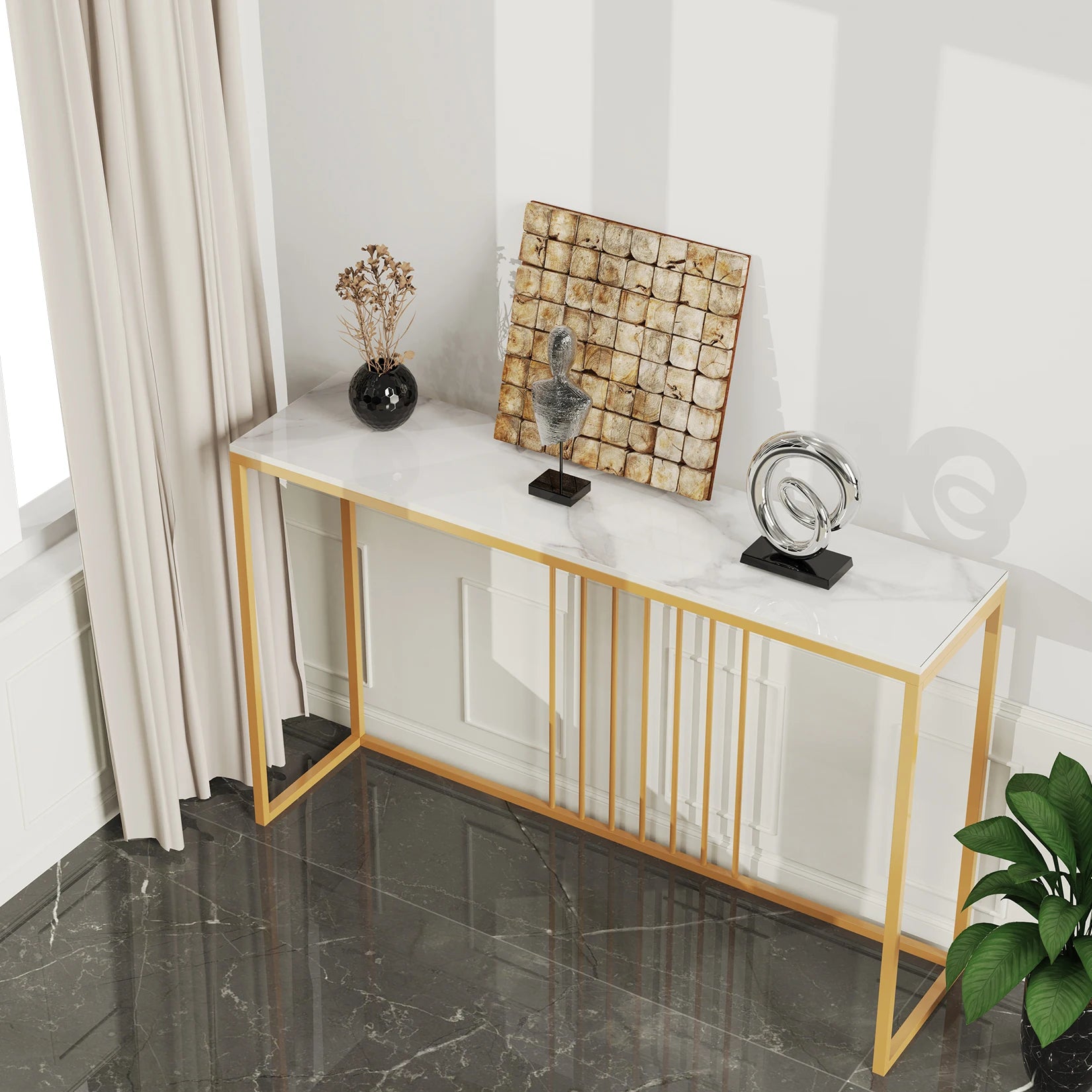 47.2" Extra Long Console Table Sintered Top Gold Metal Leg Sofa Table for Hallway Entryway