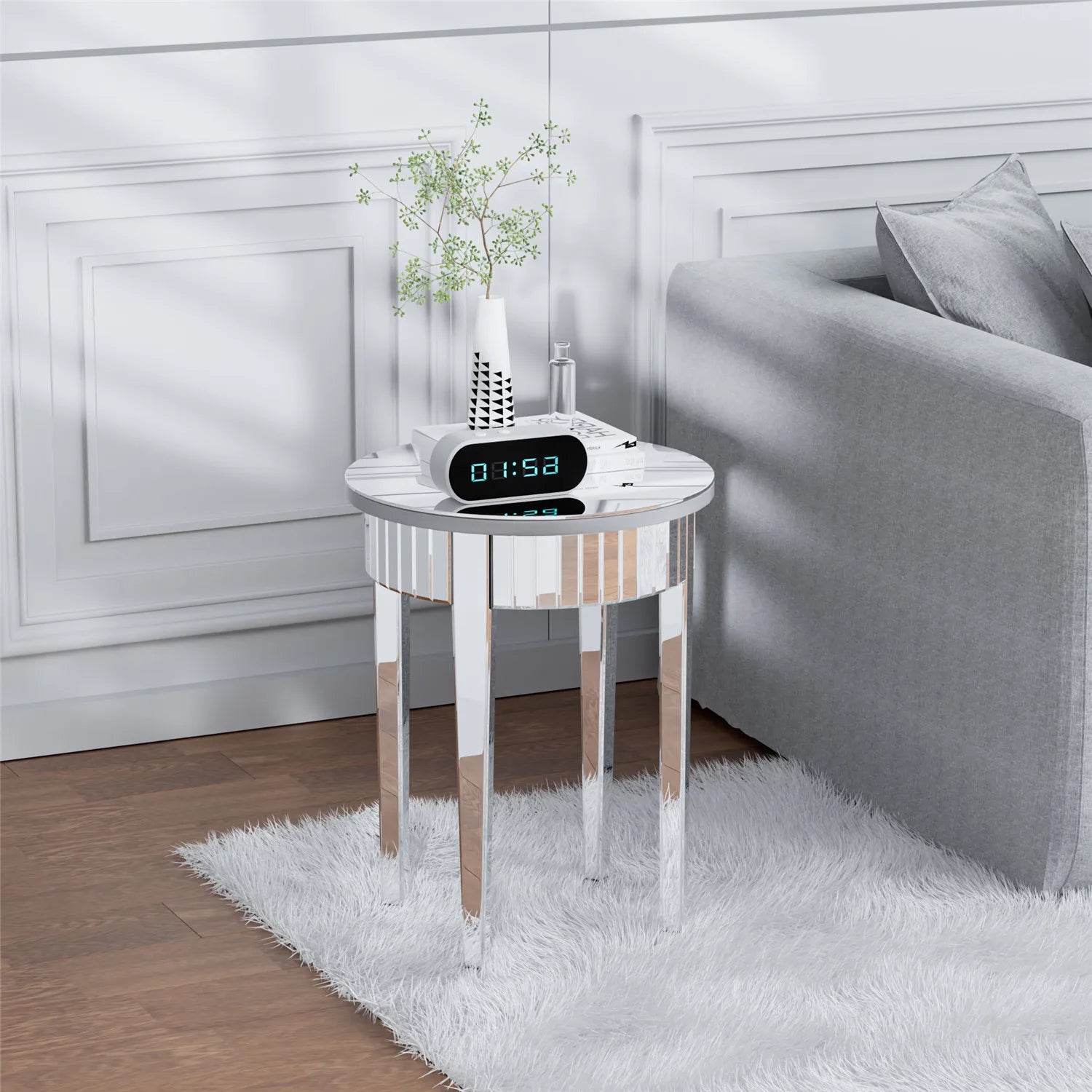 Round Side Table Mirrored, 2-Tier Modern Small Sofa Table with Storage, Silver Accent Table for Living Room