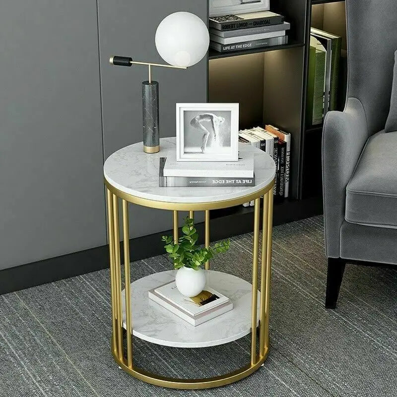 2-Tier Round White Marble Side Table - Coffee Table & Nightstand with Storage