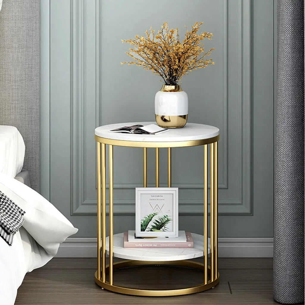 2-Tier Round White Marble Side Table - Coffee Table & Nightstand with Storage