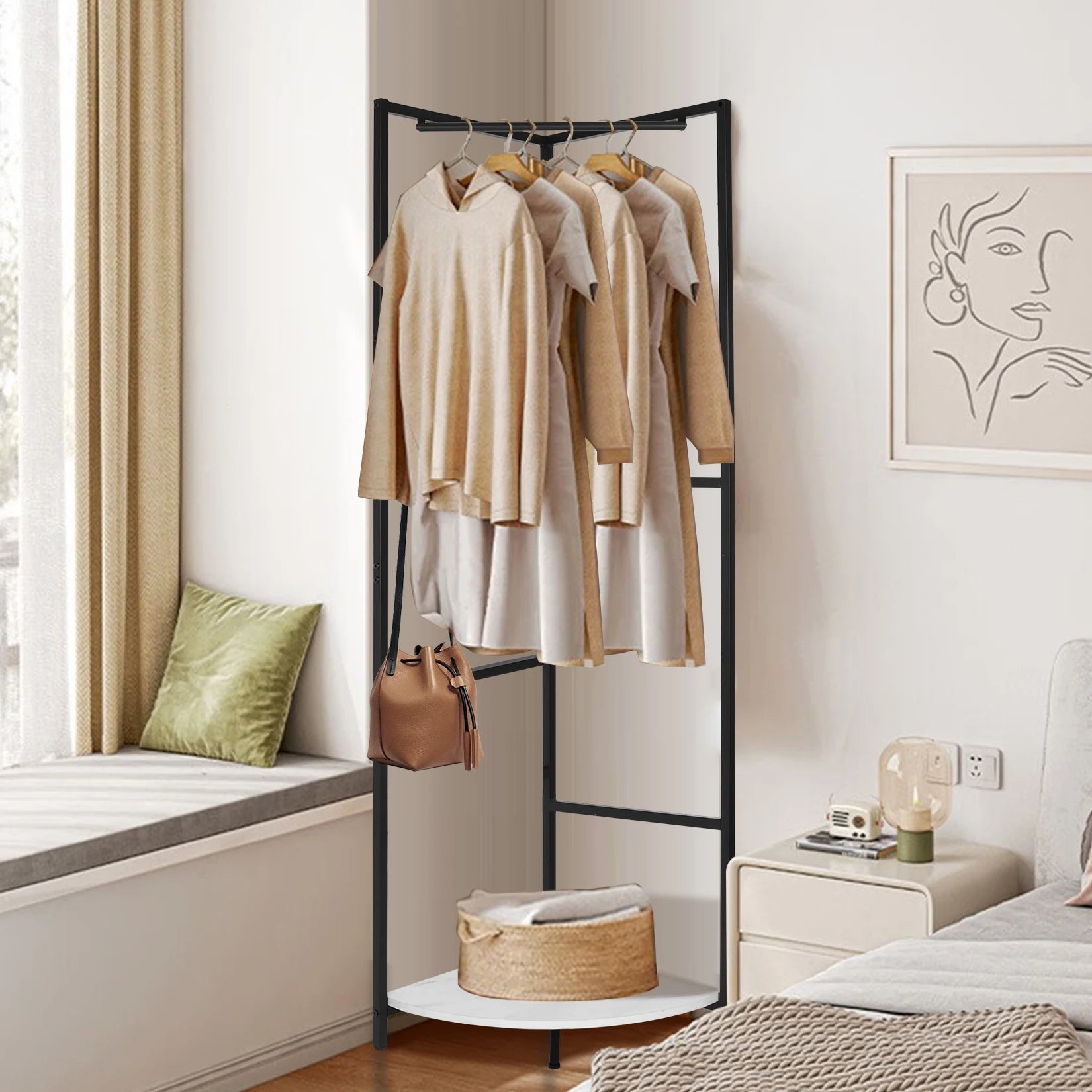 Corner Entryway Freestanding Hall Tree Coat Rack With Shelf & Shoe Storage