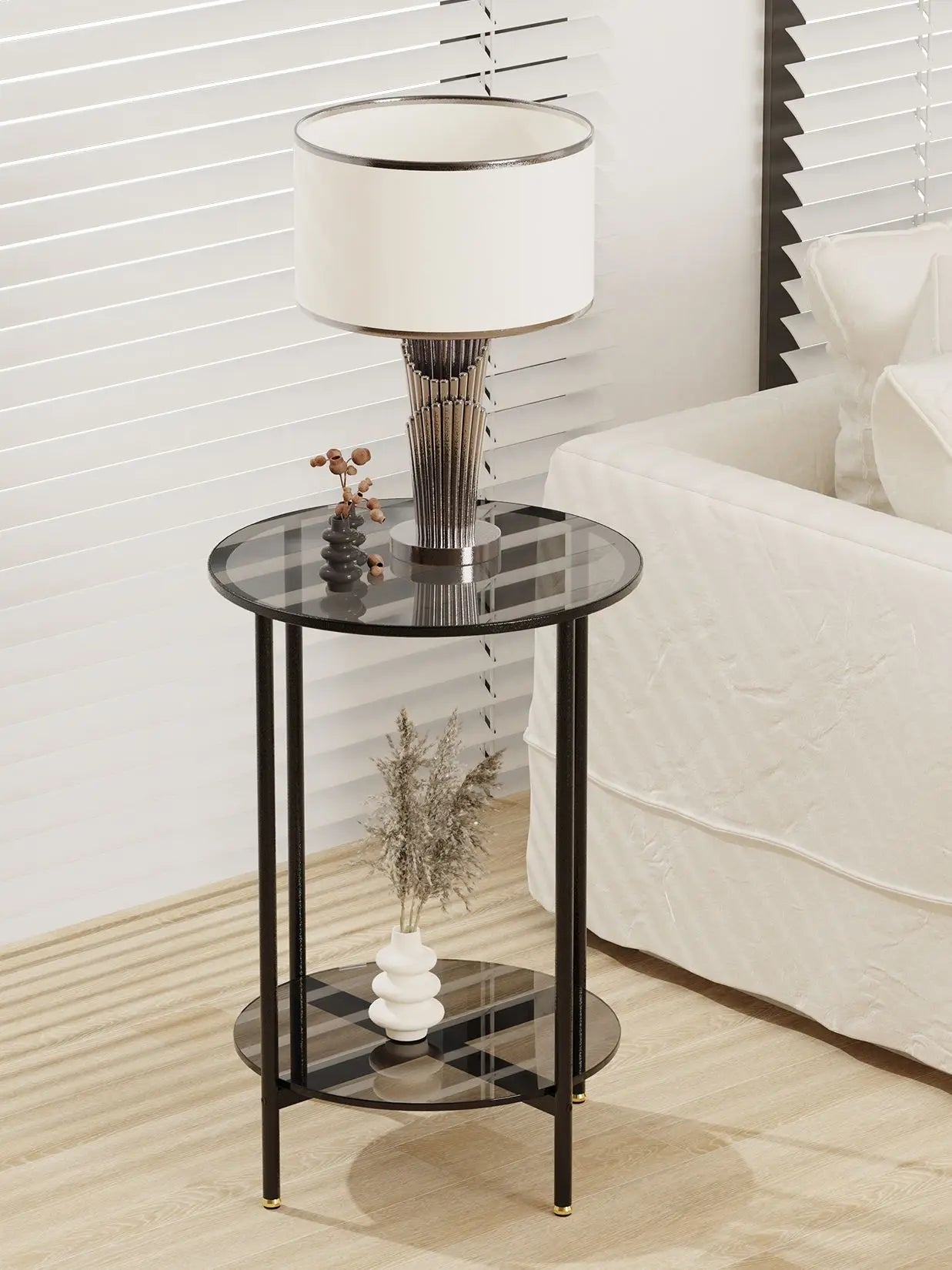 2-Tier Round Glass Coffee Table - Modern Sofa Side Table with Metal Frame for Living Room