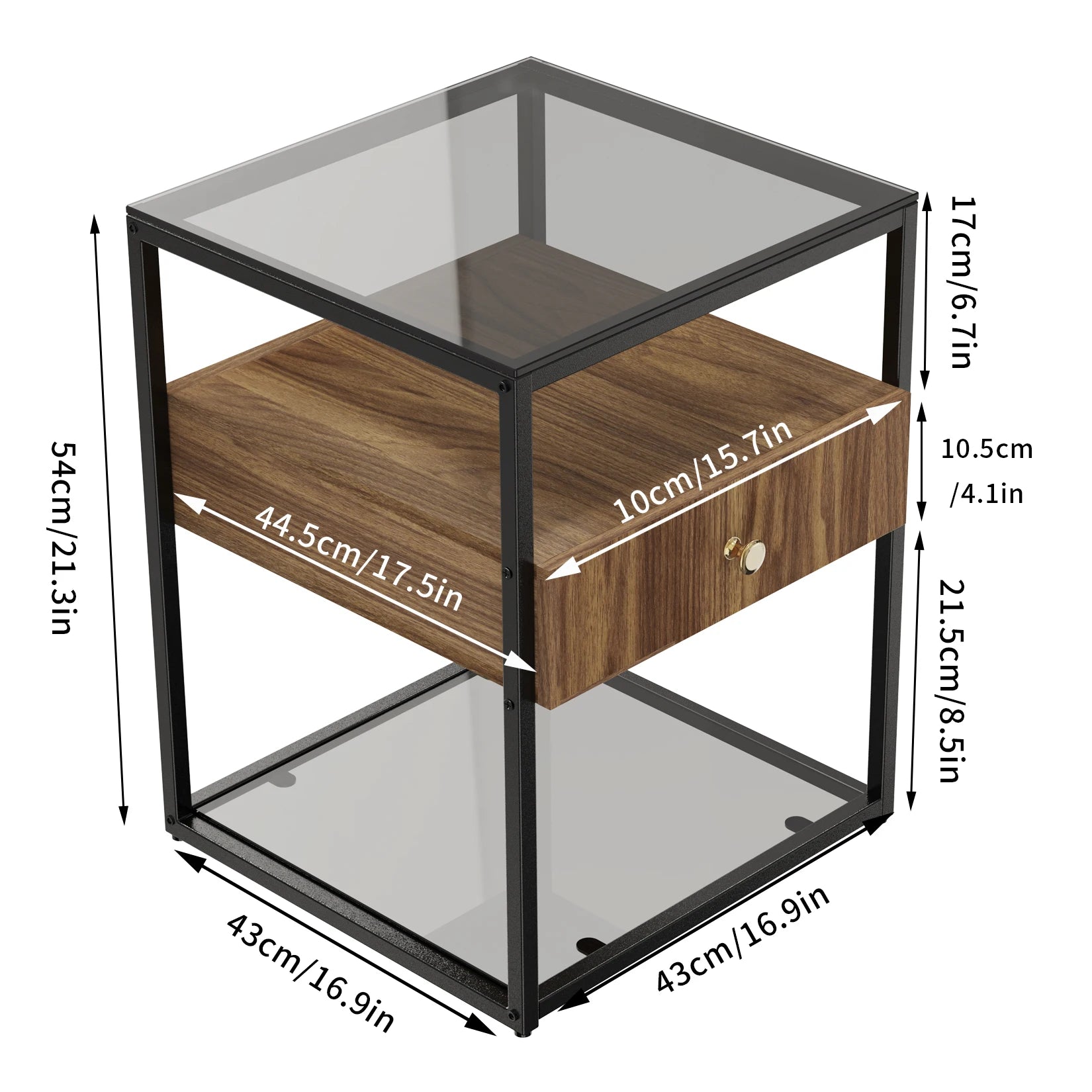 Tempered Glass Side Table, Nightstand, with Drawer and Shelf, Decoration in Living Room, Stable Steel Frame