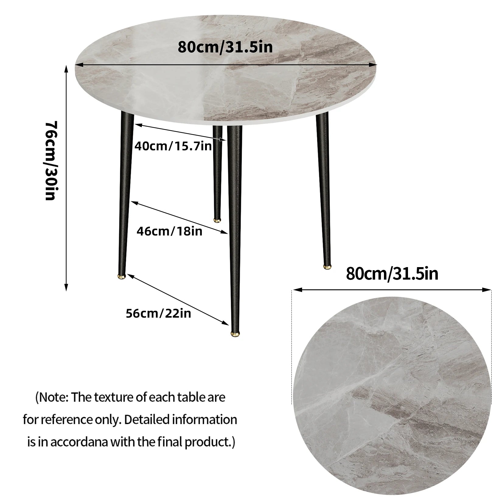 32" Sintered Stone Dining Table Round Reception Coffee Table for 2-4 Person - Small Kitchen Table with Black Metal Legs