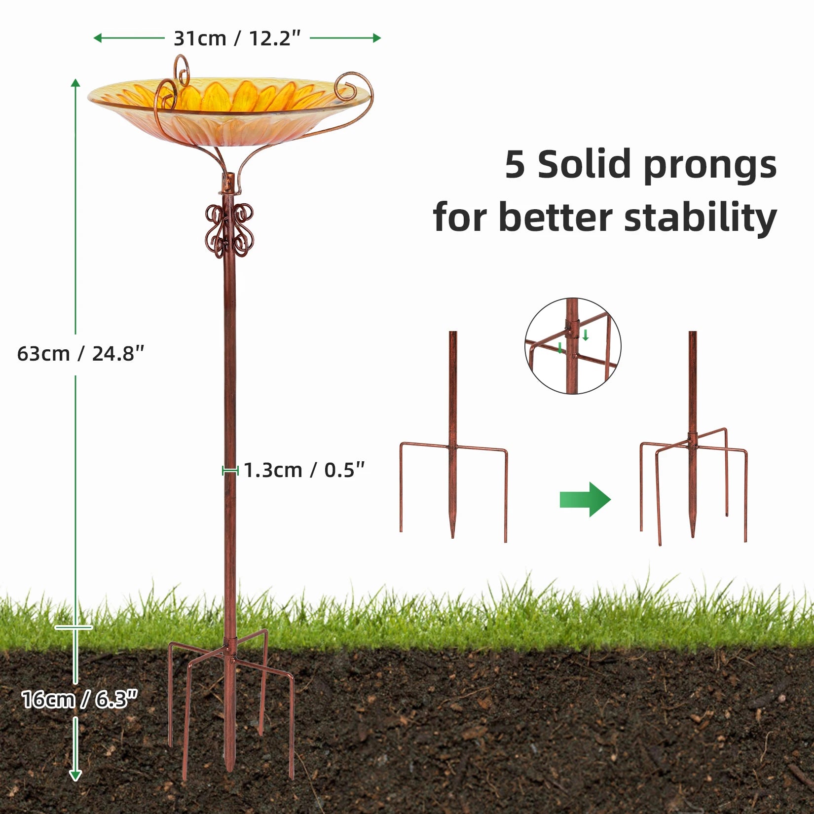 25 Inch Height Glass Birdbath Birdfeeder with Metal Stake Garden Outdoor