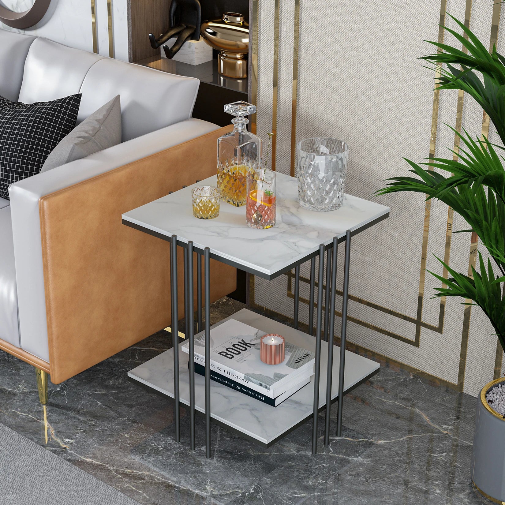 2-Tier Marble Side Table - Modern Coffee Table with Black Metal Frame for Living Room