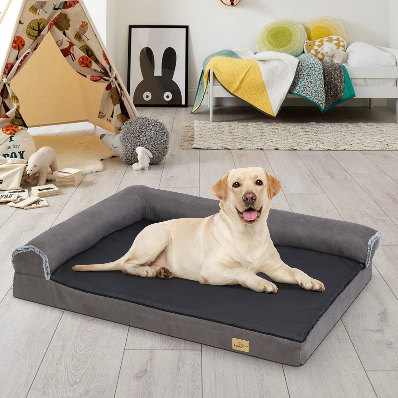 Bolster Dog Bed for Extra Large Dogs, Memory Foam Orthopedic L-Shape Dog beds with Removable Washable Cover Cozy Plush Dog Sofa