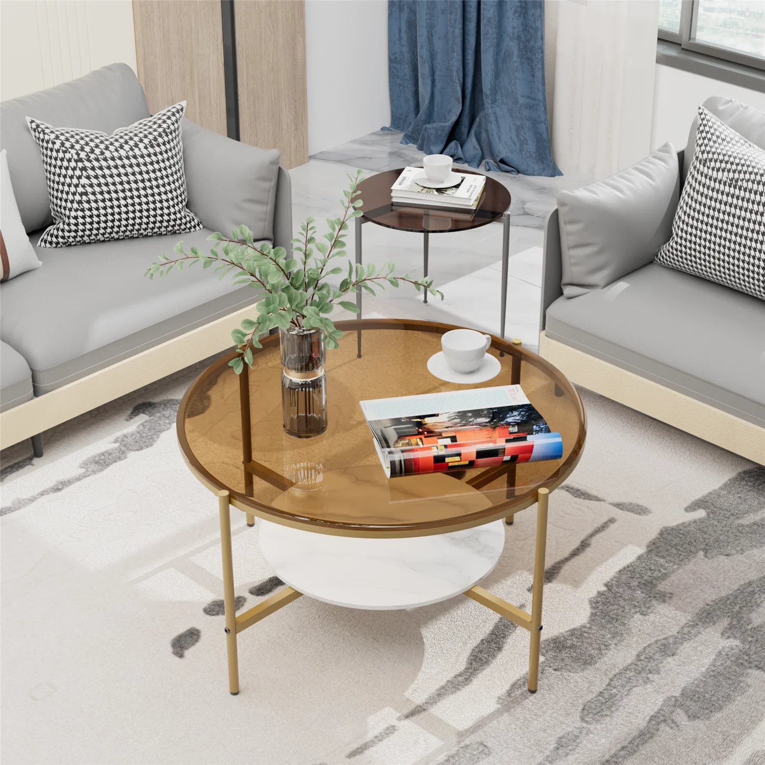 Round Coffee Table 2-Tier 32inch Luxury Modern Center Table with Large Tempered Glass Top and Sintered Stone Low Storage Shelf