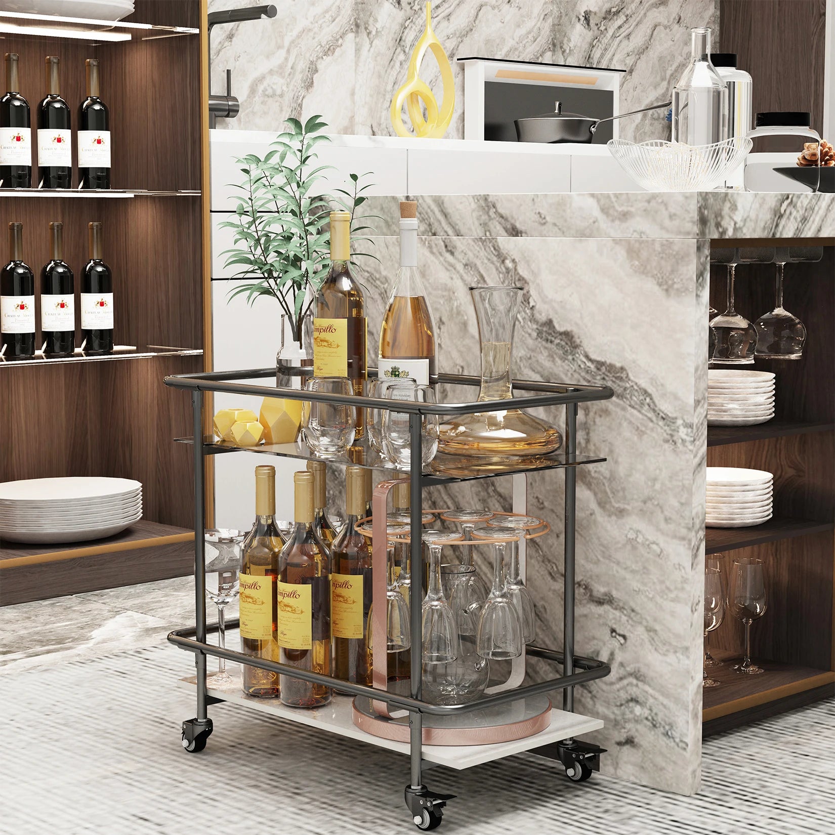 Rolling Bar Cart 2-Tier Luxury Modern Serving Cart on Lockable Wheels, Mobile Home Coffee Station Metal Frame Tempered Glass