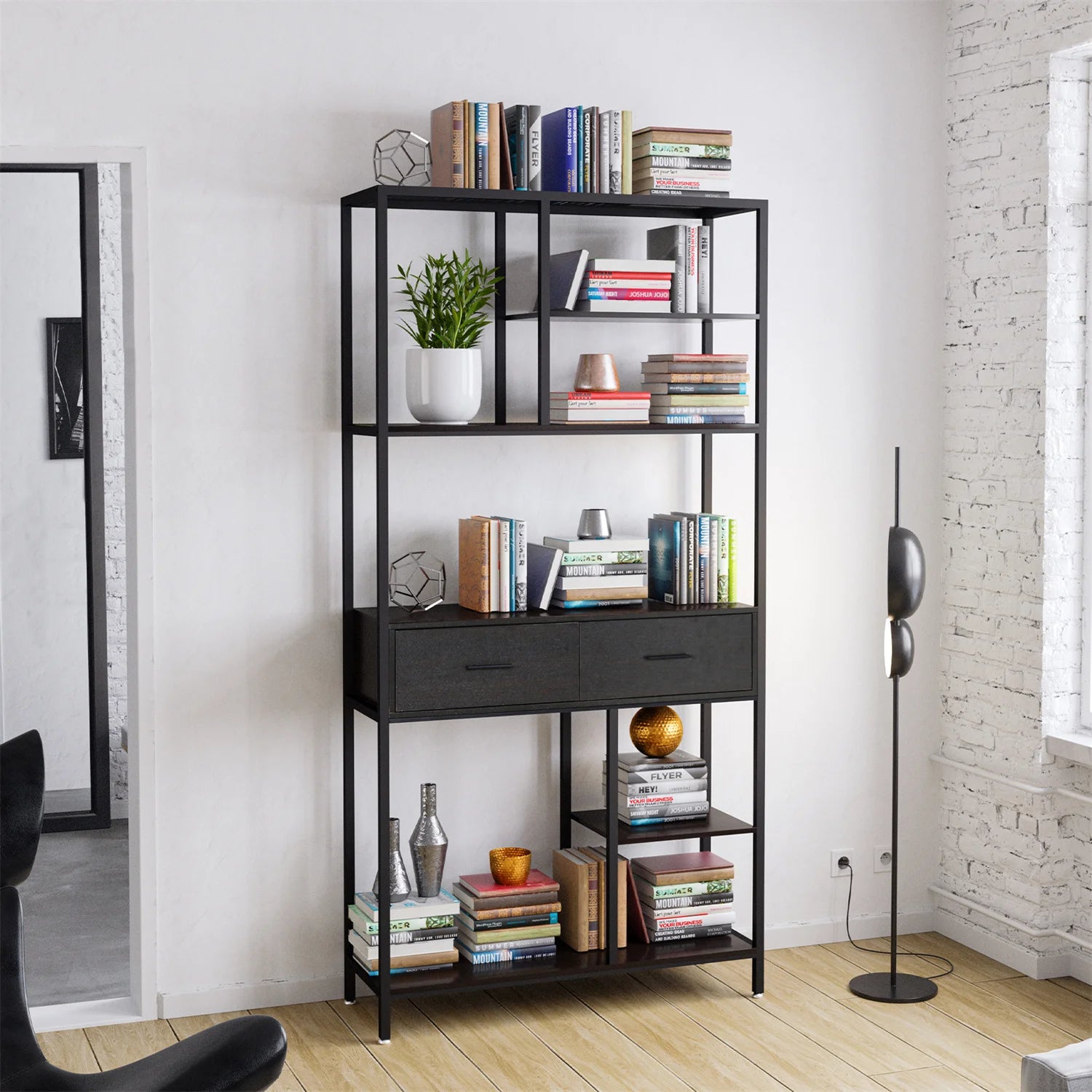 Tall Bookshelf with Drawers, Industrial Bookcase with 6 Tiers Storage Shelves, Office Book Shelves Book Display Shelf