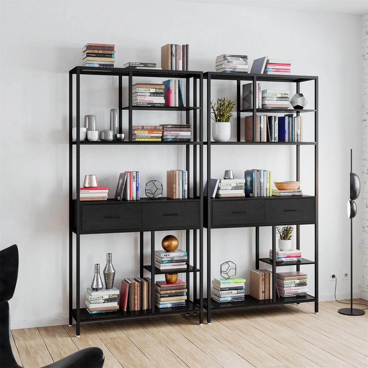 Tall Bookshelf with Drawers, Industrial Bookcase with 6 Tiers Storage Shelves, Office Book Shelves Book Display Shelf