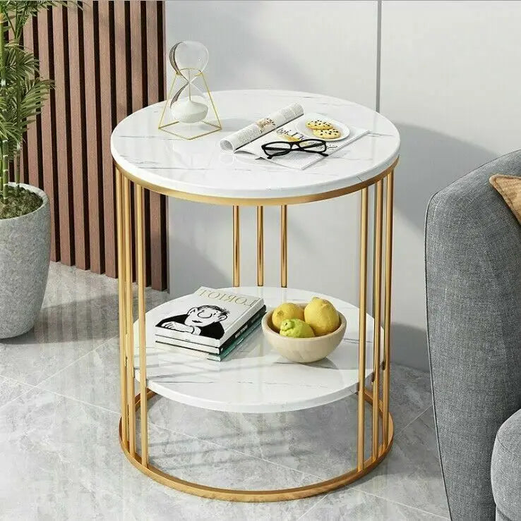 2-Tier Round White Marble Side Table - Coffee Table & Nightstand with Storage