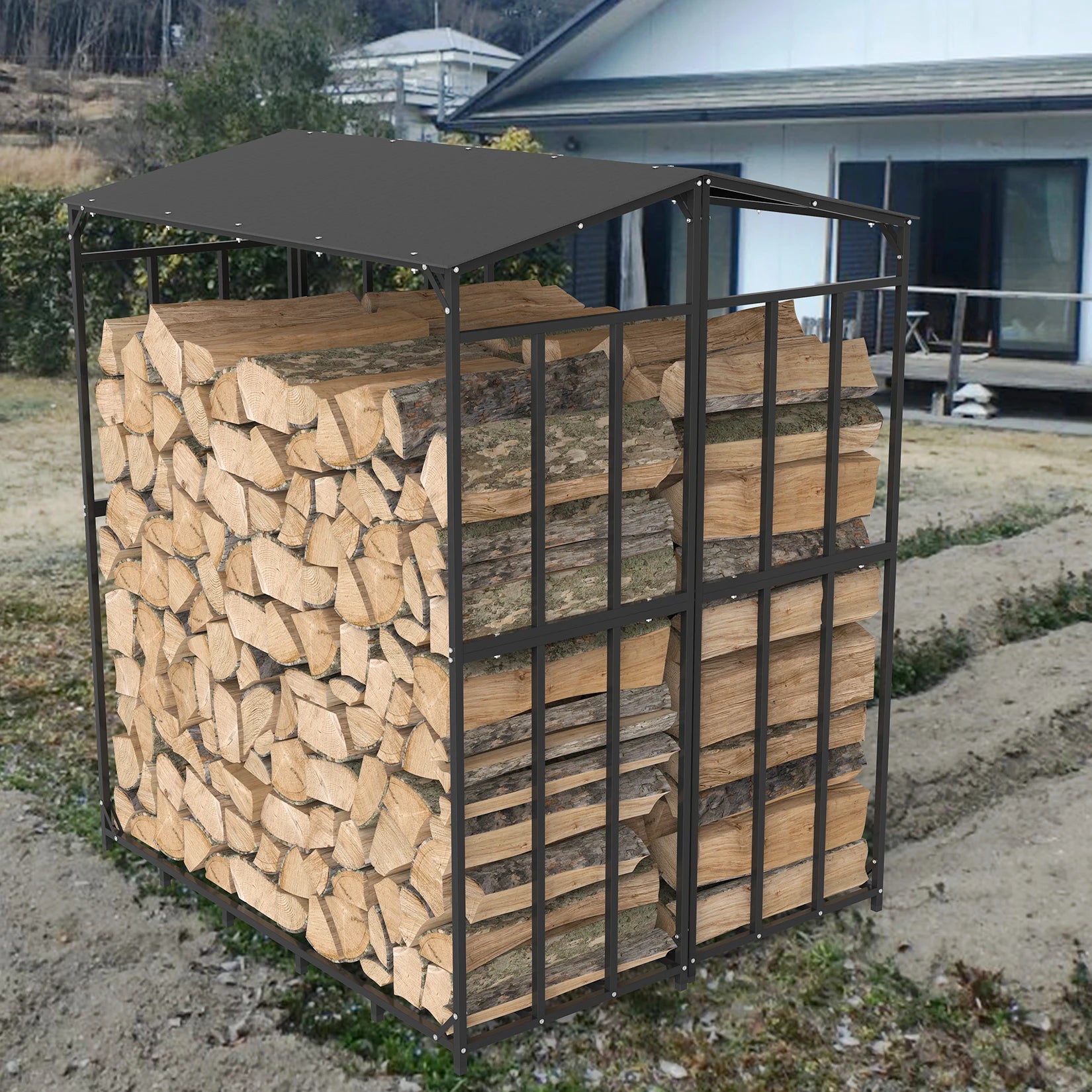 Extra Large Tall Outdoor Firewood Rack with Cover Heavy Duty Square Strong Stand Rack with Waterproof Cover for Fireplace Garden