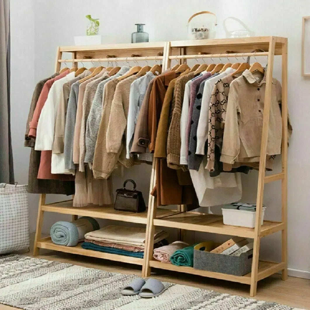 Bamboo Garment Coat Clothes Hanging Heavy Duty Rack with top shelf and 2-tier Shoe Clothing Storage Organizer Shelves