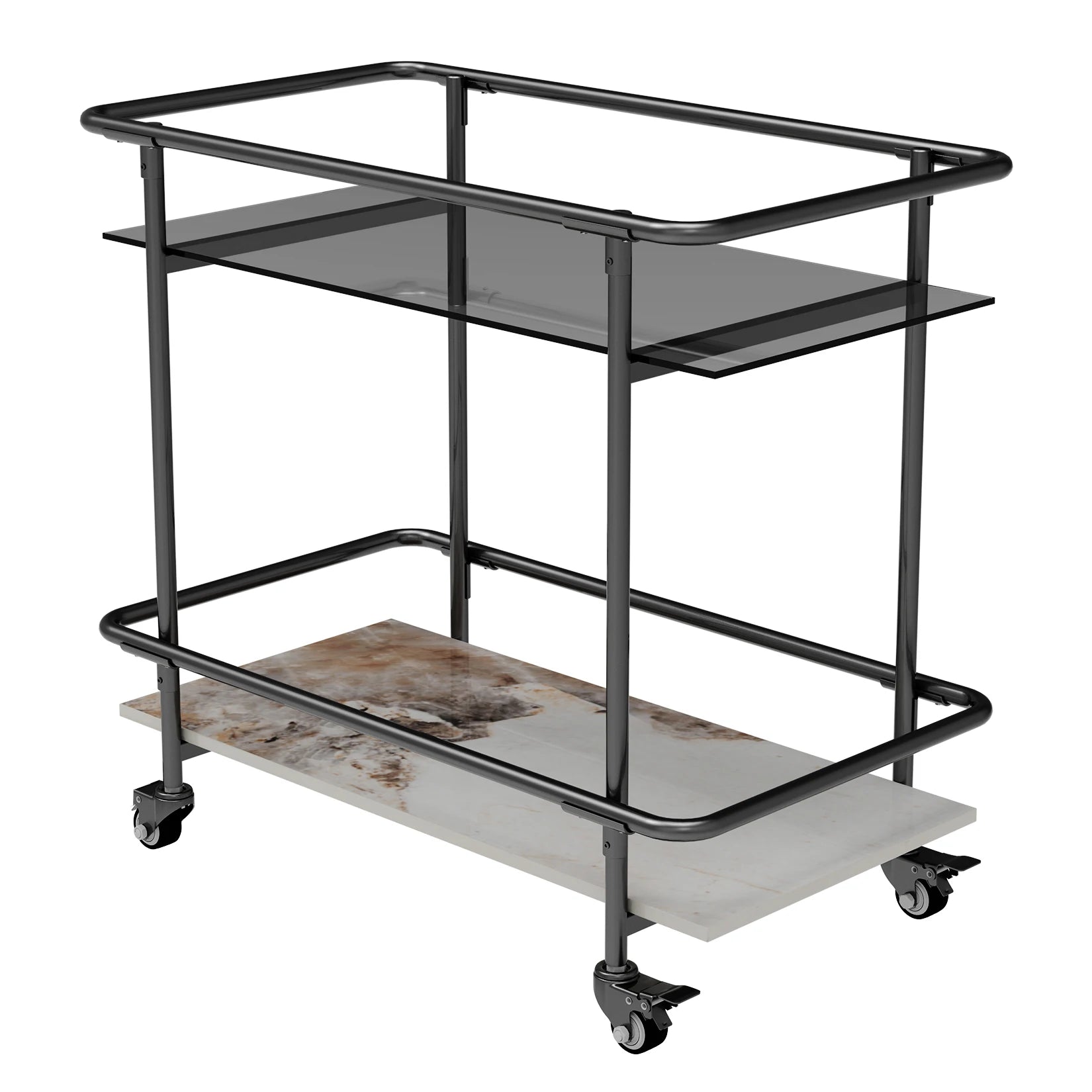 Rolling Bar Cart 2-Tier Luxury Modern Serving Cart on Lockable Wheels, Mobile Home Coffee Station Metal Frame Tempered Glass