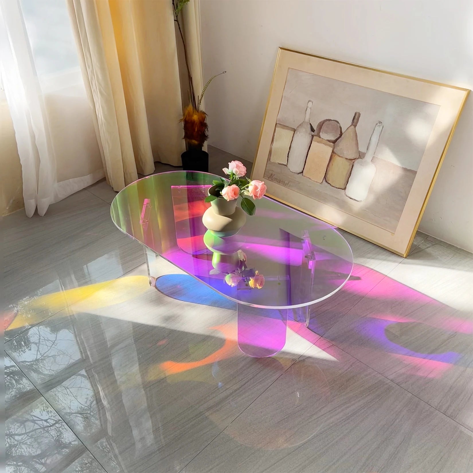 Acrylic Coffee Table, Iridescent Acrylic End Table, Colorful Acrylic Side Table 37.4 in (L) x 19.7 in (W) x 14.2IN (H)