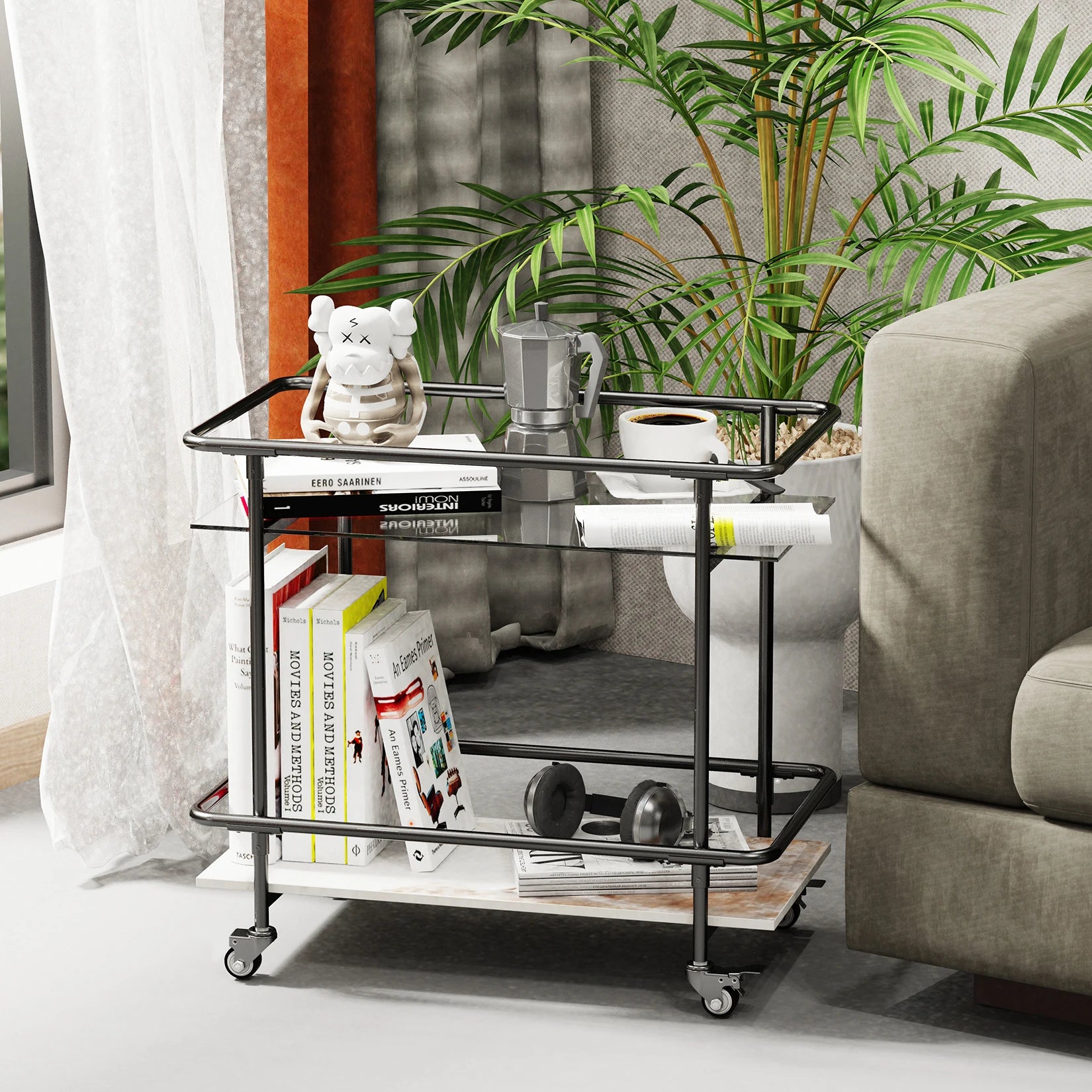 Rolling Bar Cart 2-Tier Luxury Modern Serving Cart on Lockable Wheels, Mobile Home Coffee Station Metal Frame Tempered Glass