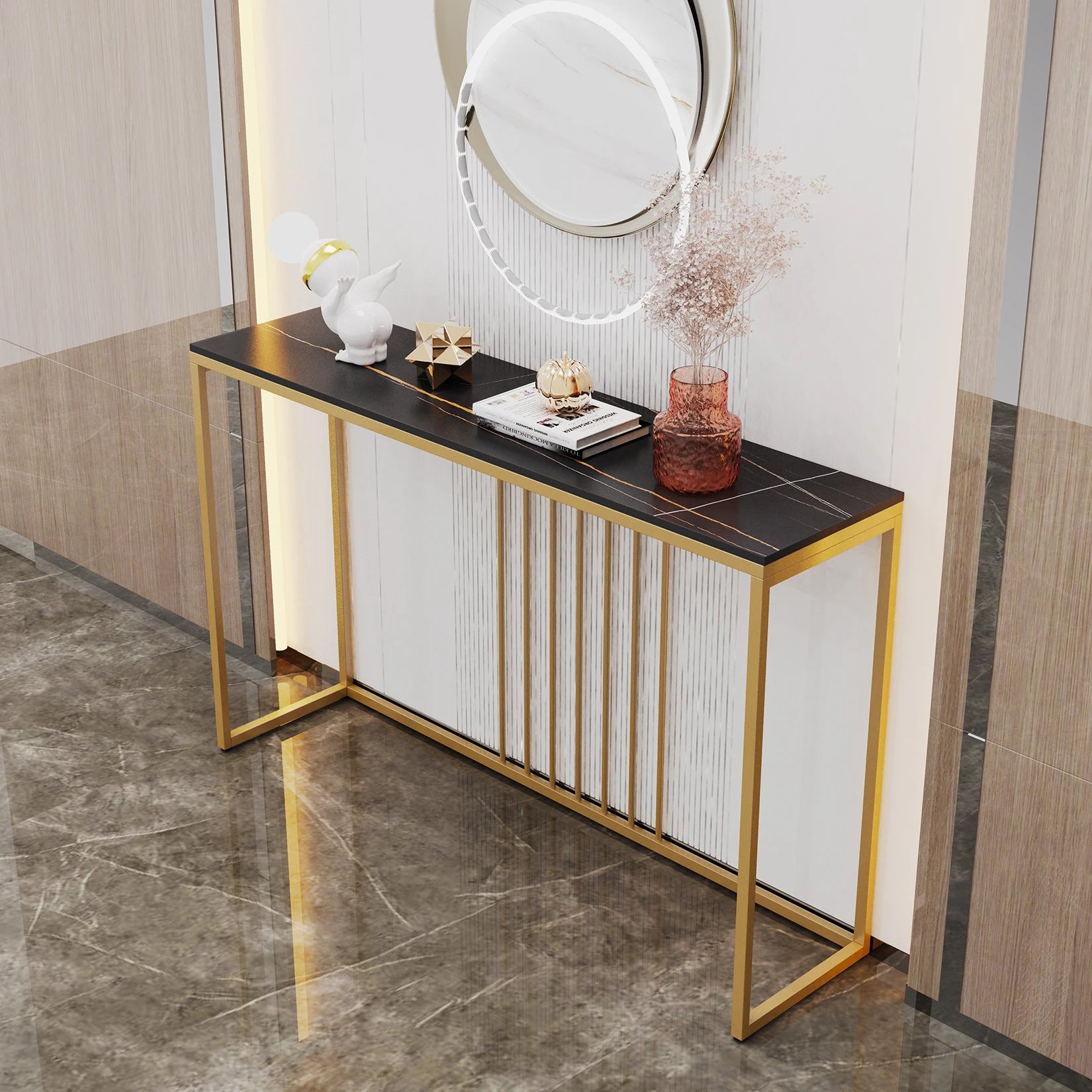 47.2" Extra Long Console Table Sintered Top Gold Metal Leg Sofa Table for Hallway Entryway