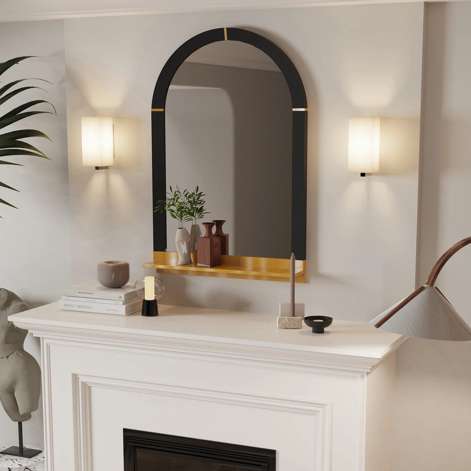 Arched Wall Mirror with Shelf Metal Framed Decorative Mirrors for Wall Decor, Living Room, Bathroom Vanity
