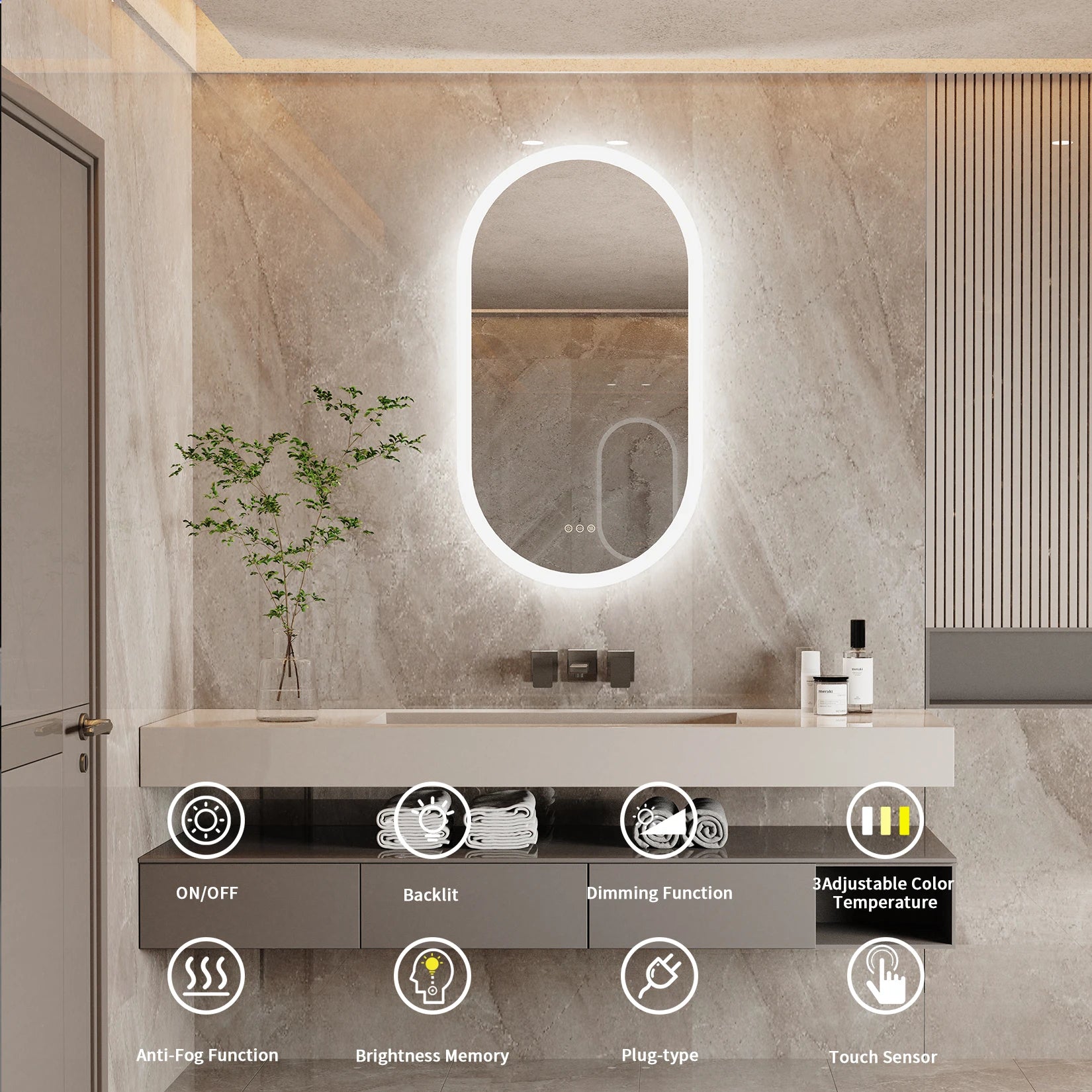 Led Bathroom Mirror for Wall Mounted Oval Lighted Vanity Mirror with Lights Backlit, Frameless Wall Mirror with Lights Anti-Fog