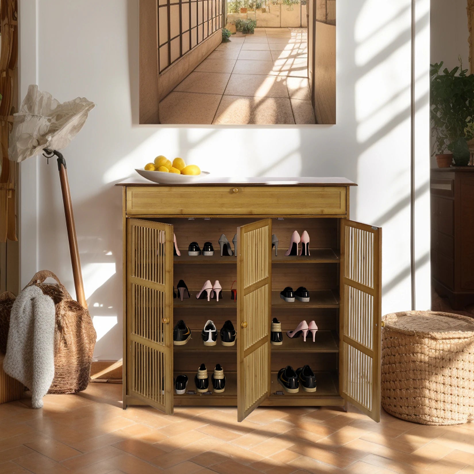 Shoe Cabinet with 3 Doors for Entryway, 4 Tier Shoe Storage Cabinet, Freestanding Shoe Rack Storage Organiz for Closet