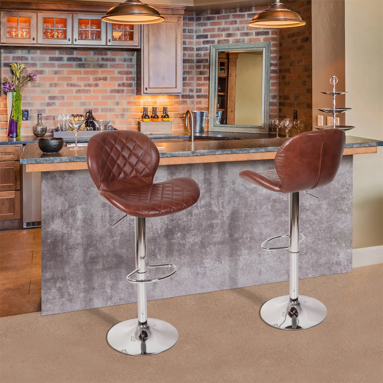 Bar Stools White Bar Chairs Breakfast Dining Stools for Kitchen Island Counter Bar Stools Set of 2 pcs Leatherette Exterior