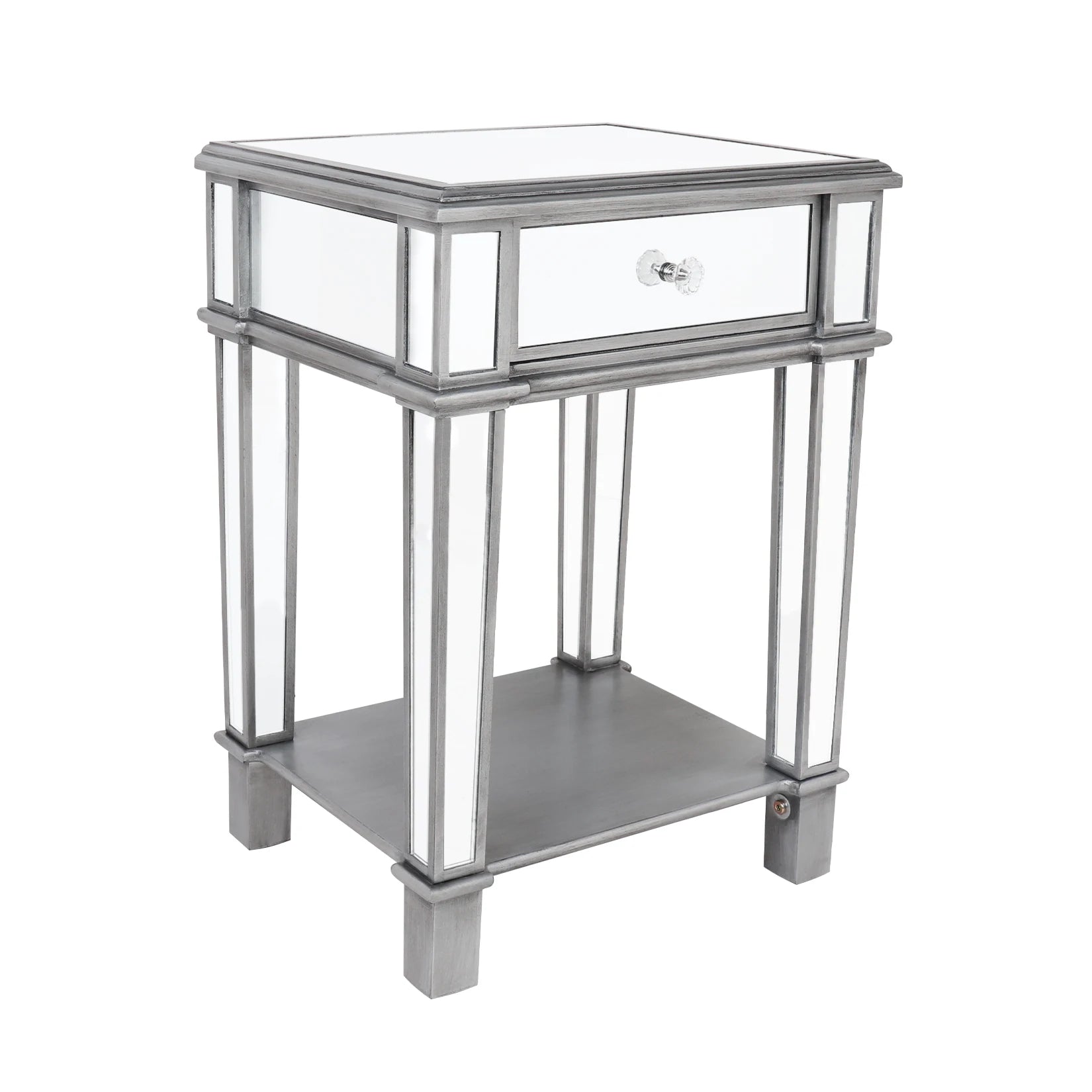 Heavy Duty Mirrored Nightstands Modern Bedside Table 1 Drawer Glass Side End Table Silver Dresser for Bedroom