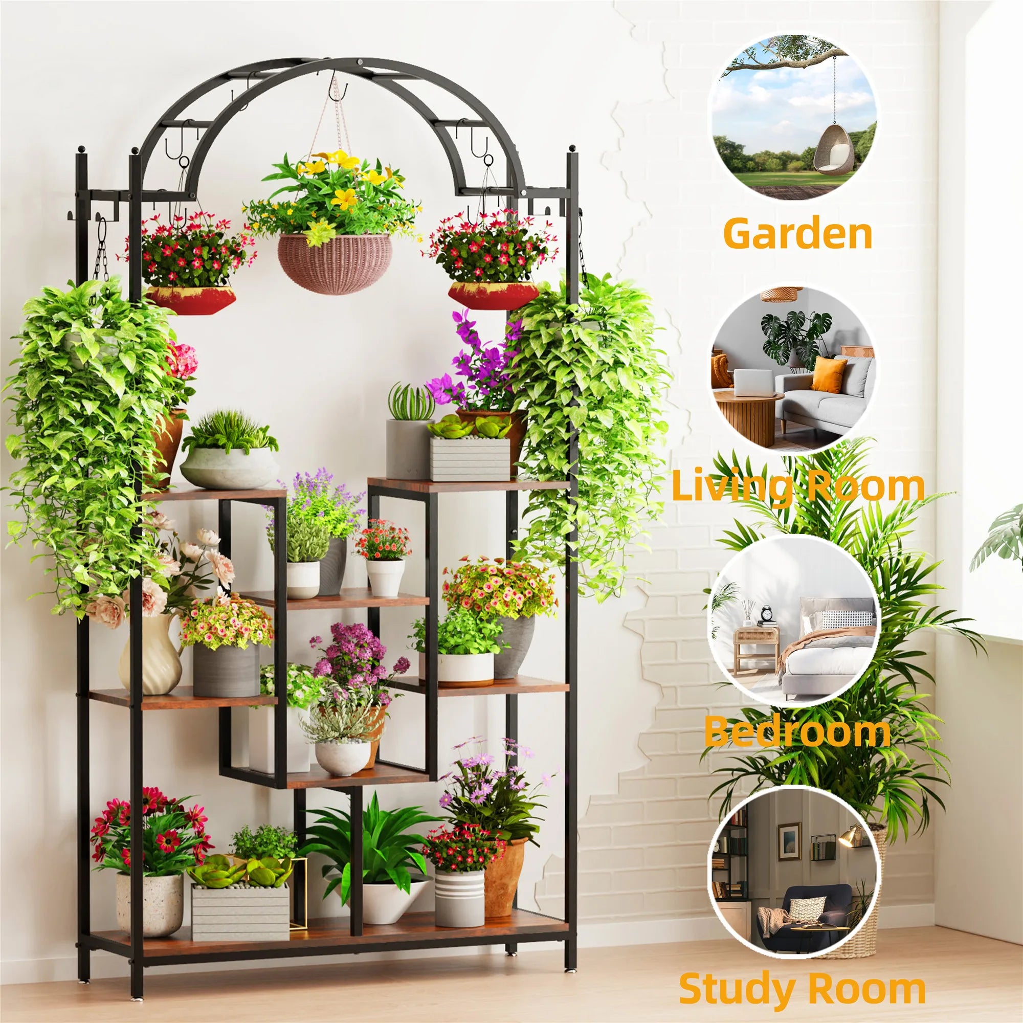 5-Tier Tall Indoor Plant Stand, 74.8'' Arched Metal Flower Shelf with Hanging Hooks, Large Bonsai Pots Display Rack for Garden