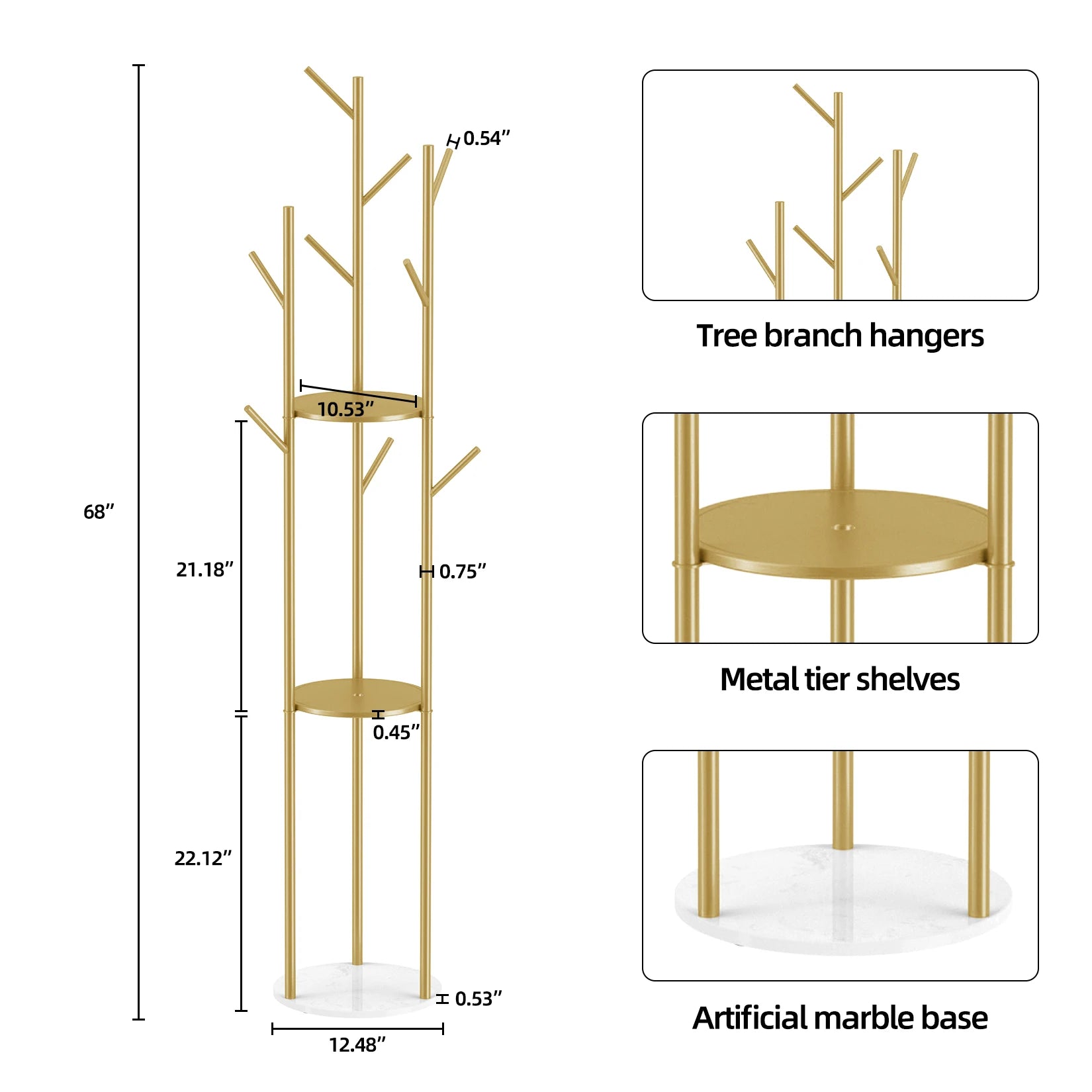 Marble Metal Coat Rack Freestanding with 3 Storage Shelves and 9 Hooks, Enterway Hall Tree for Hanging Coats, Jackets, Hats, Bag