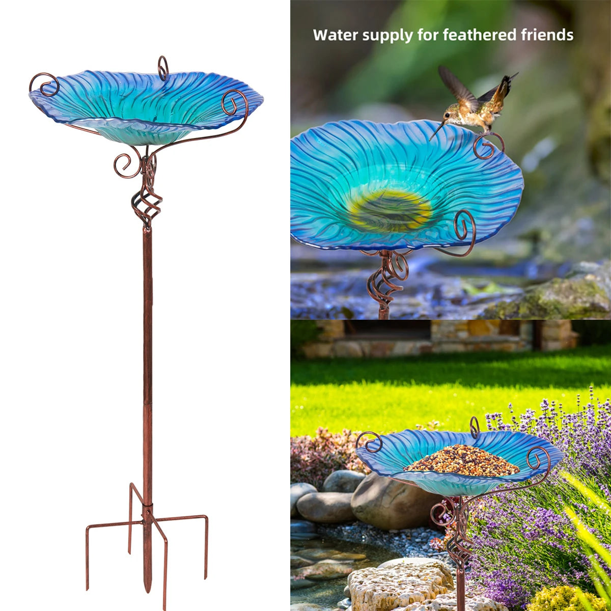 30'' Height Flower Glass Bird Bath Garden Outdoor Birdbaths Bird Feeder with Metal Stake for Yard Decor