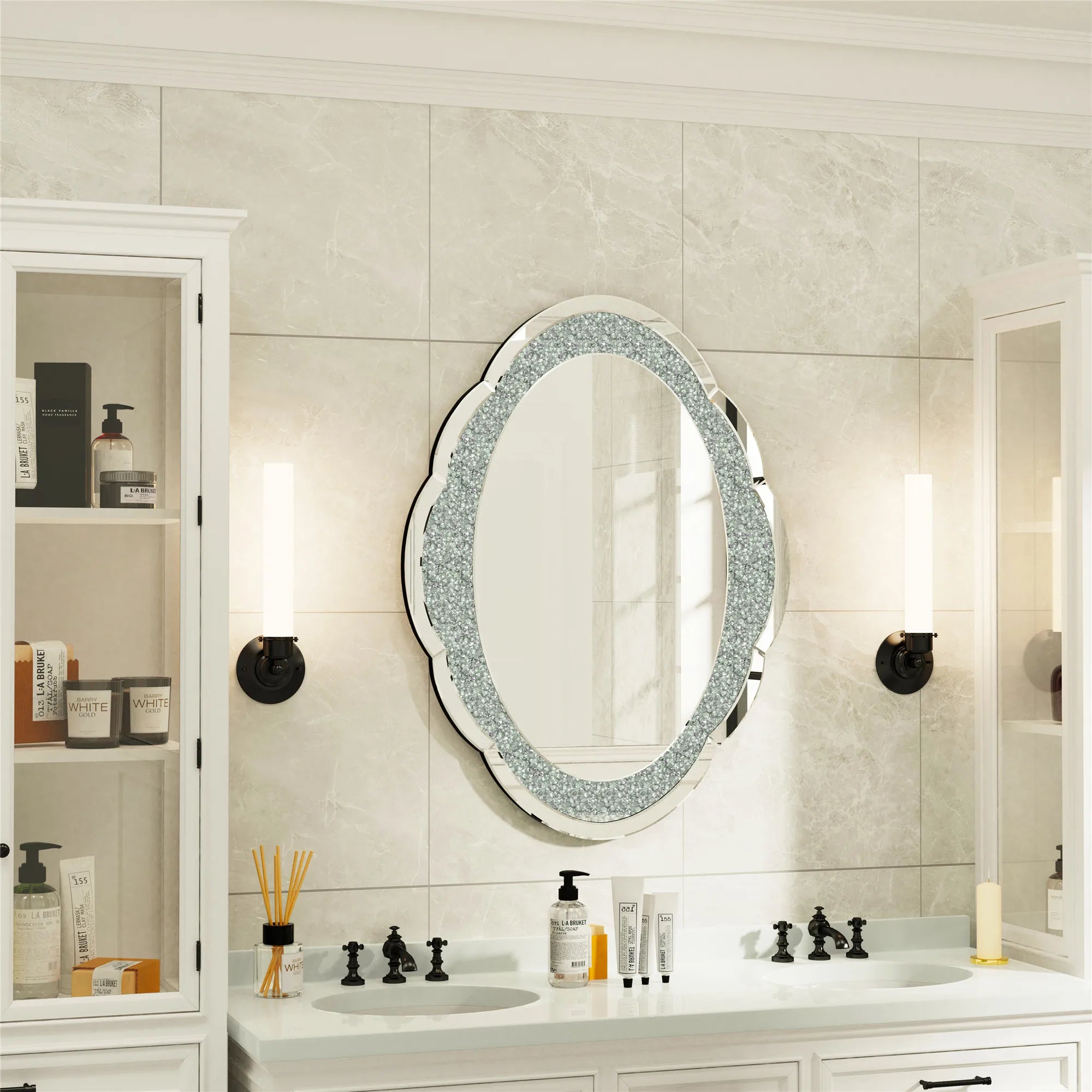 24x32'' Silver Wall Mirror - Elegant Cloud-Shaped Diamond Design for Bathroom, Bedroom & Hallway