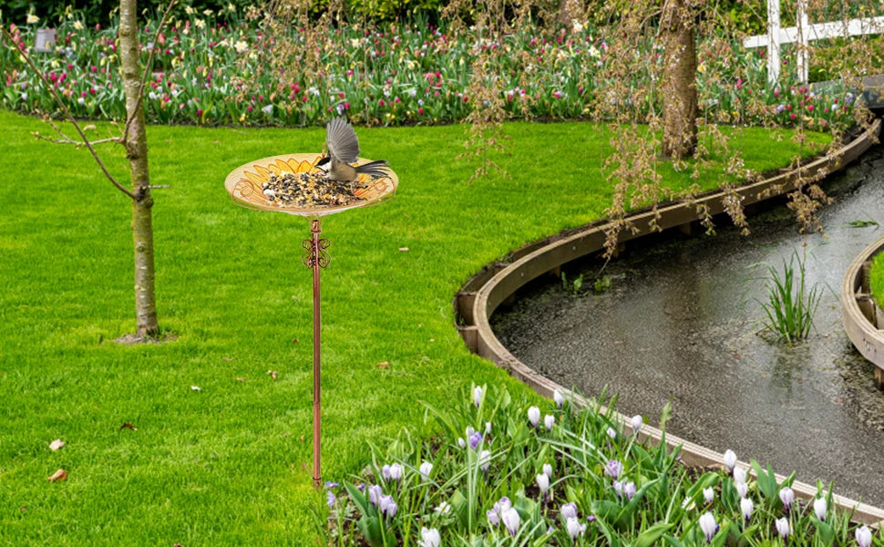 25 Inch Height Glass Birdbath Birdfeeder with Metal Stake Garden Outdoor