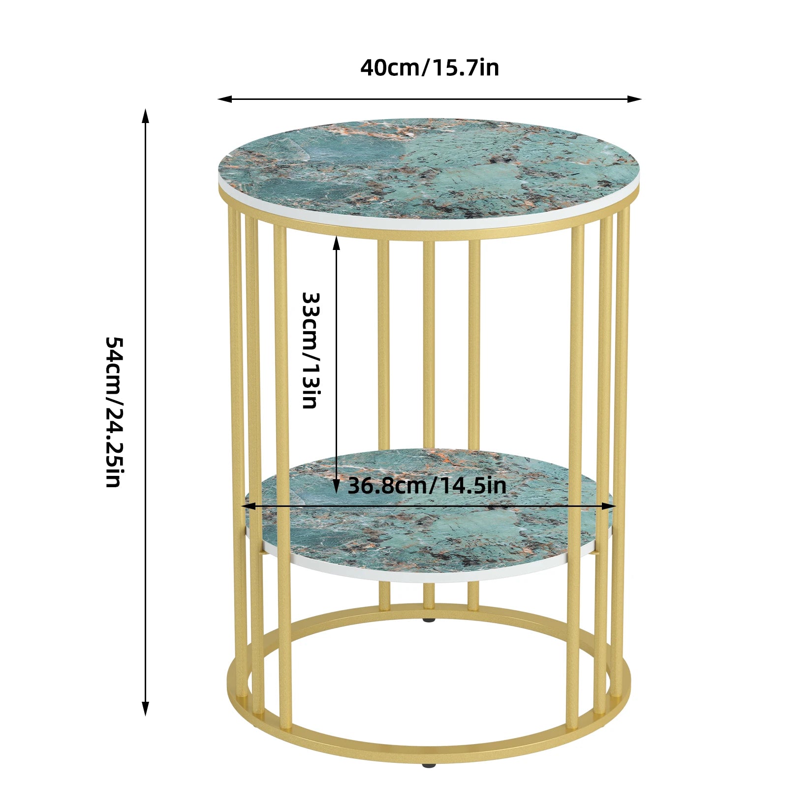 Sintered Stone End Table 2 Tier Coffee Table with Gold Frame Storage Side Table - Bedside Nightstand for Living Room