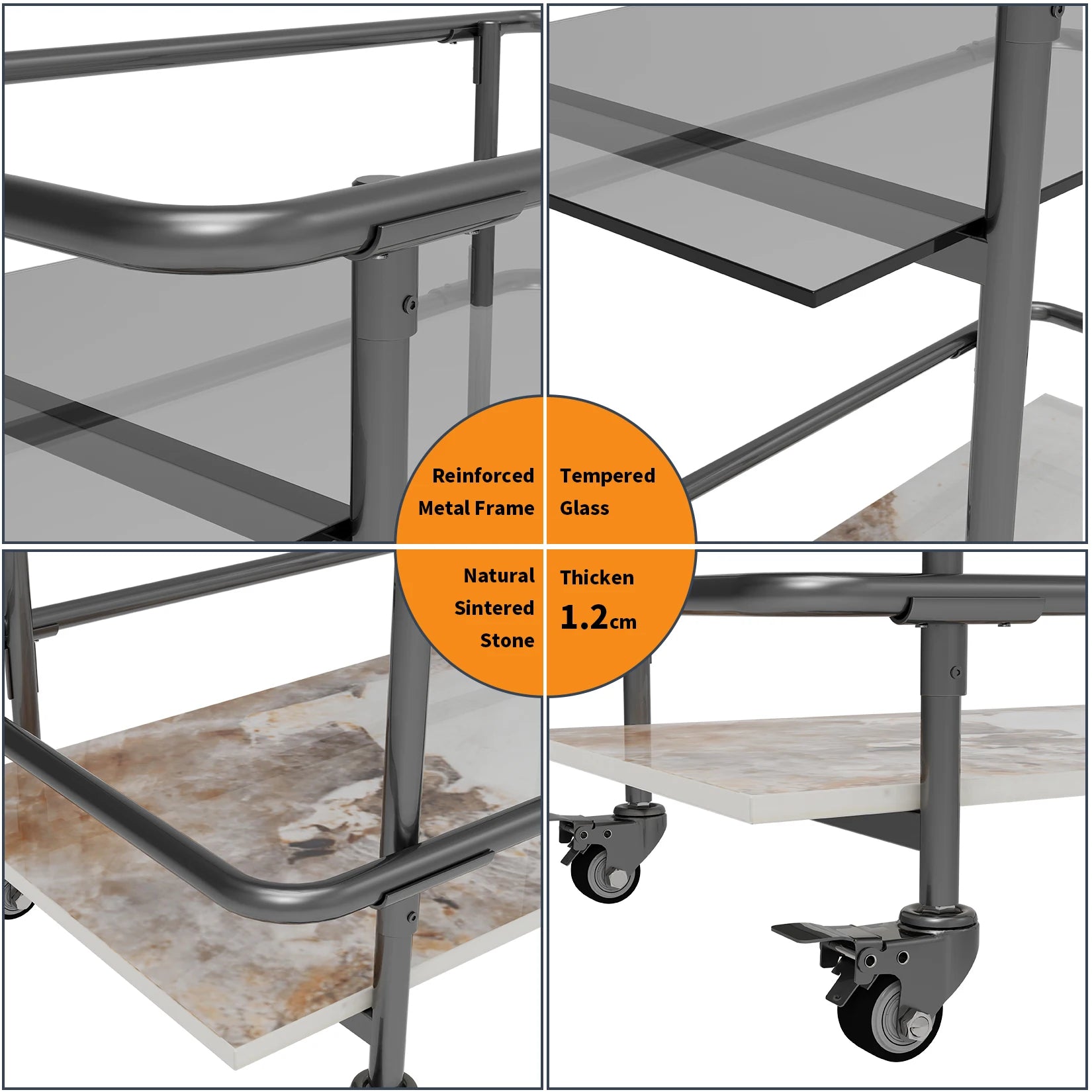 Rolling Bar Cart 2-Tier Luxury Modern Serving Cart on Lockable Wheels, Mobile Home Coffee Station Metal Frame Tempered Glass