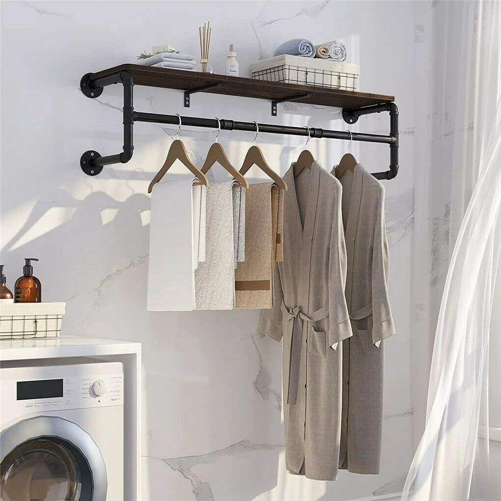 Industrial Pipe Clothing Rack Wall Mounted Wood Shelf Pipe Shelving Floating Shelves Retail Garment Rack Display Racks