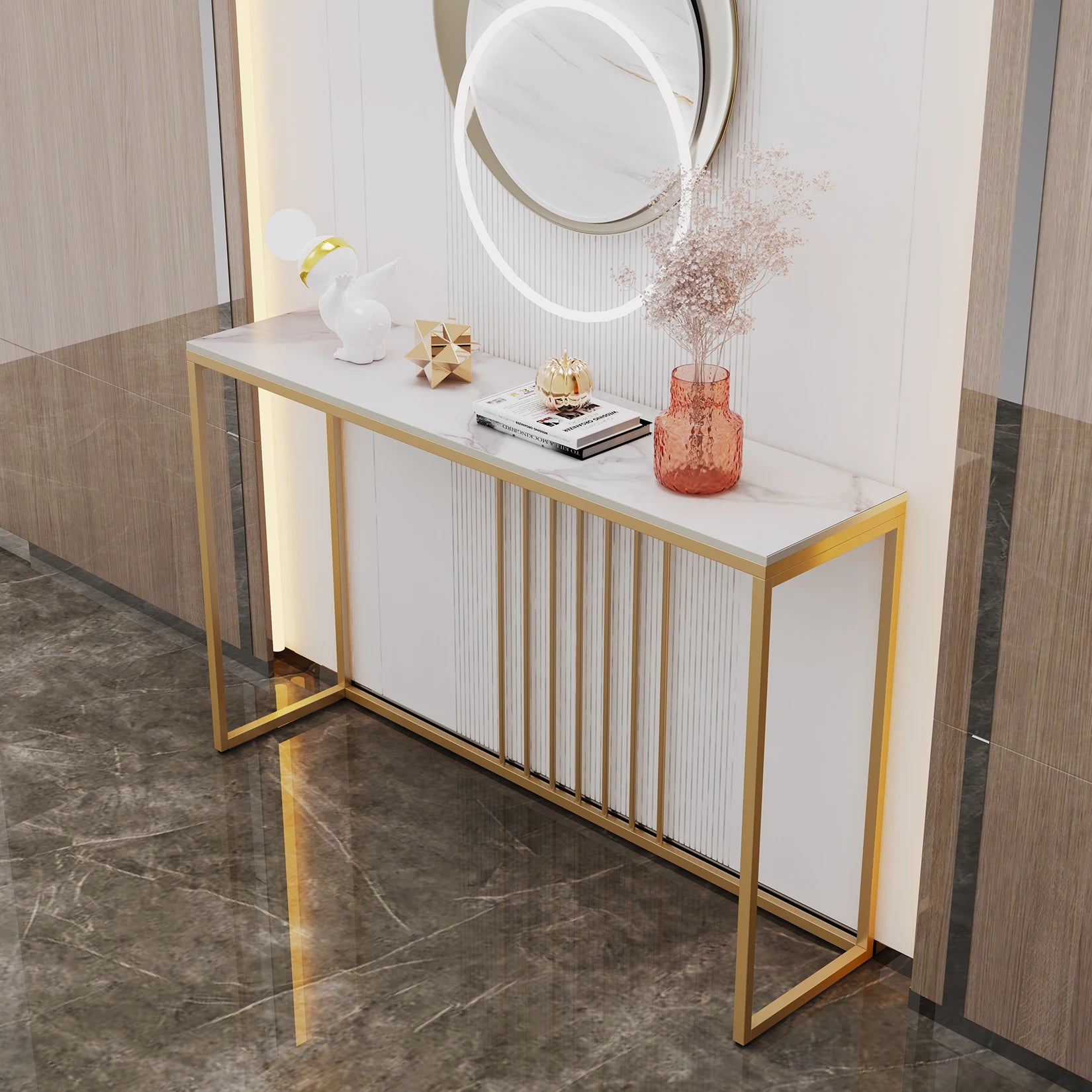 47.2" Extra Long Console Table Sintered Top Gold Metal Leg Sofa Table for Hallway Entryway