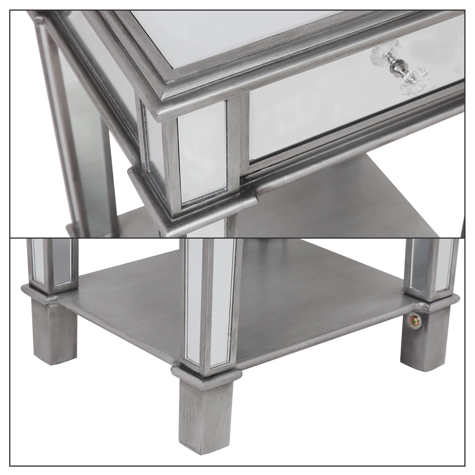 Heavy Duty Mirrored Nightstands Modern Bedside Table 1 Drawer Glass Side End Table Silver Dresser for Bedroom