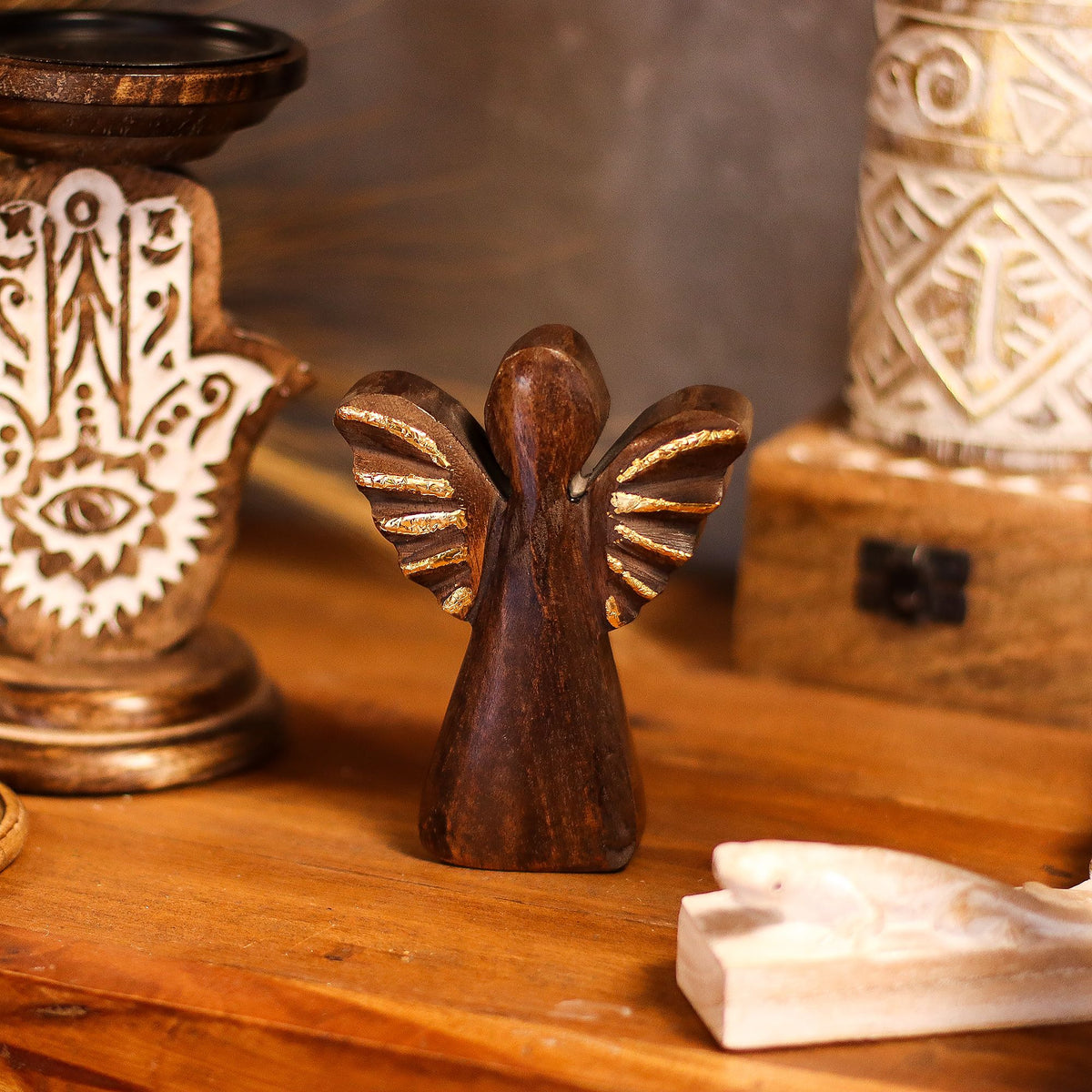Small Mango Wood Angel - Gold Decor