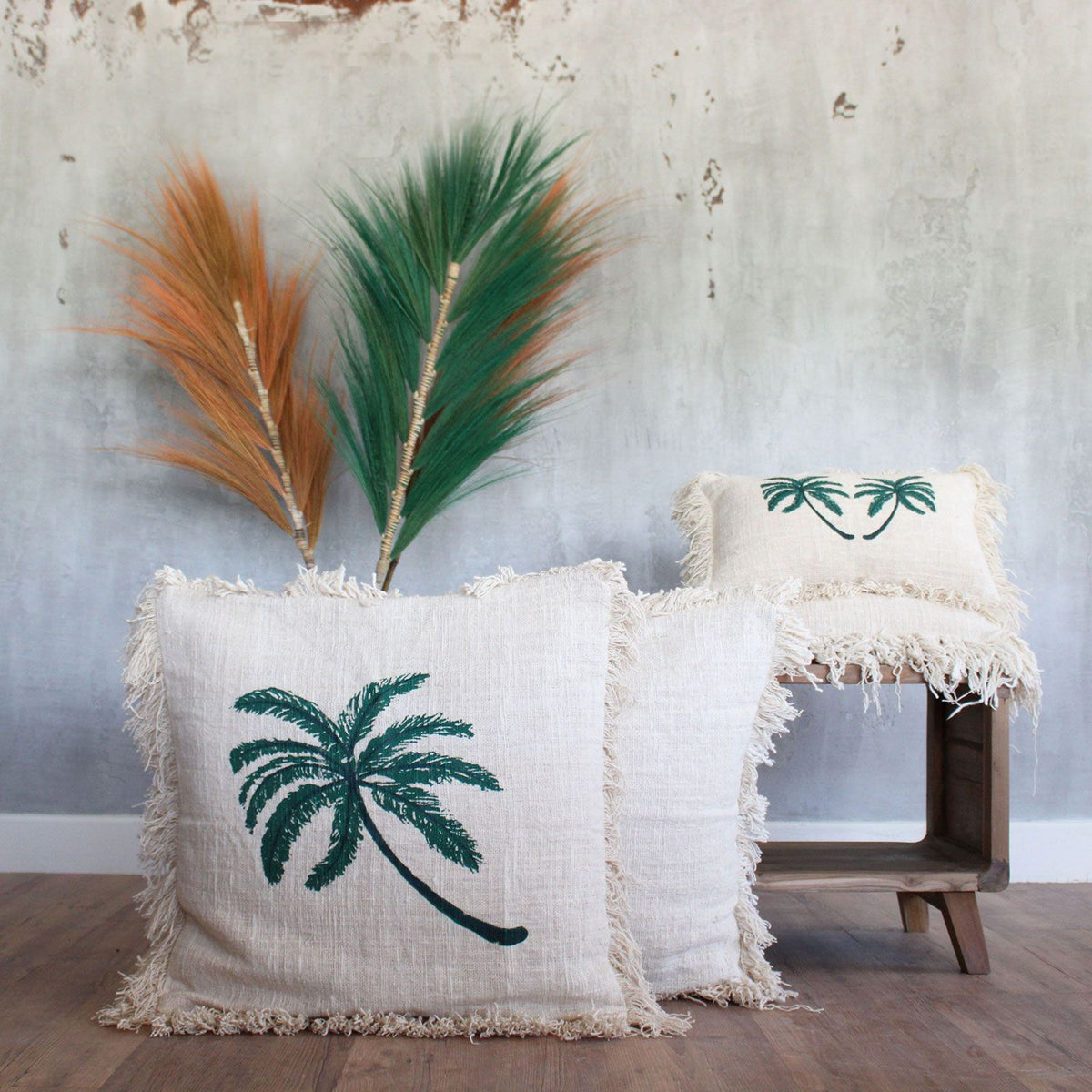 Linen Cushion Cover 45x45cm Palm Tree  with Fringe
